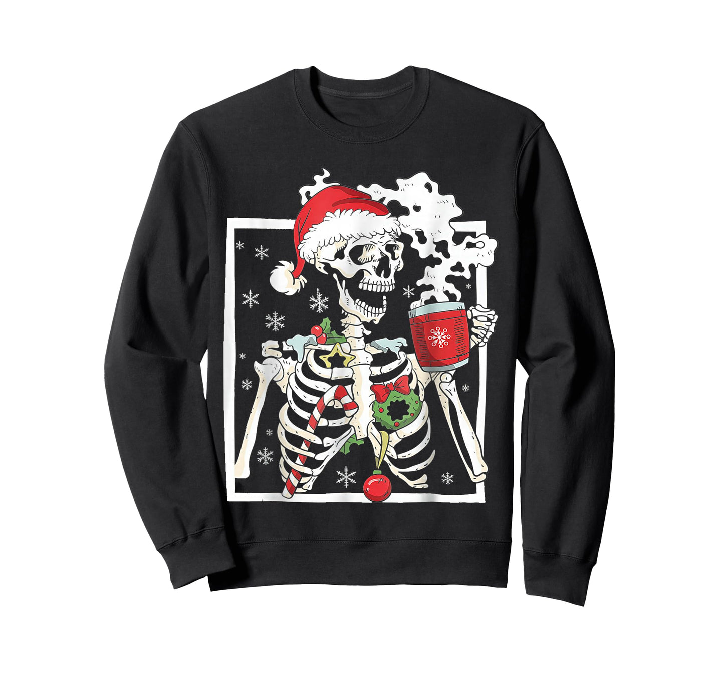 Christmas Skeleton with Smiling Skull Drinking Coffee Latte T-Shirt