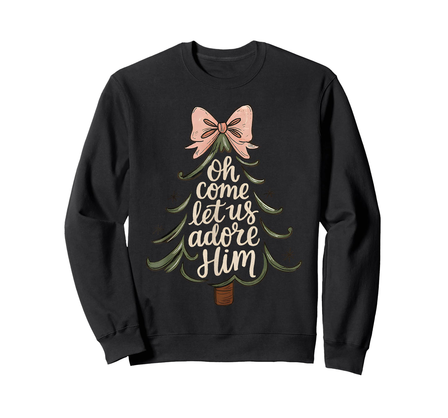 Oh Come Let Us Adore Him Christian Christmas Tree Art T-Shirt