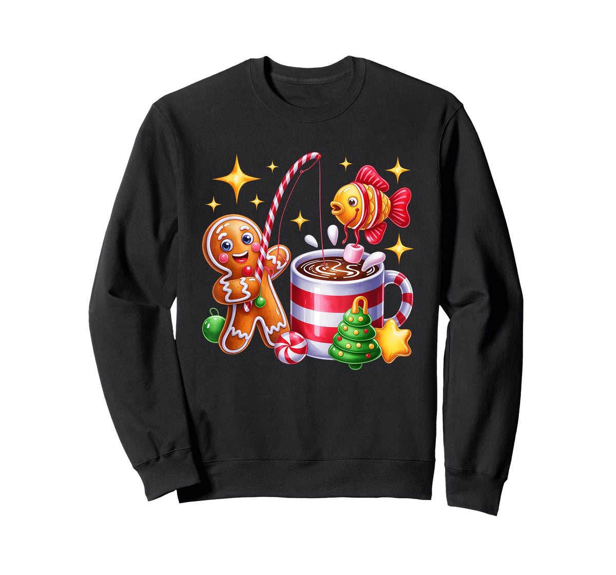 Gingerbread Fishing Candy Cane Cocoa Festive Fun T-Shirt