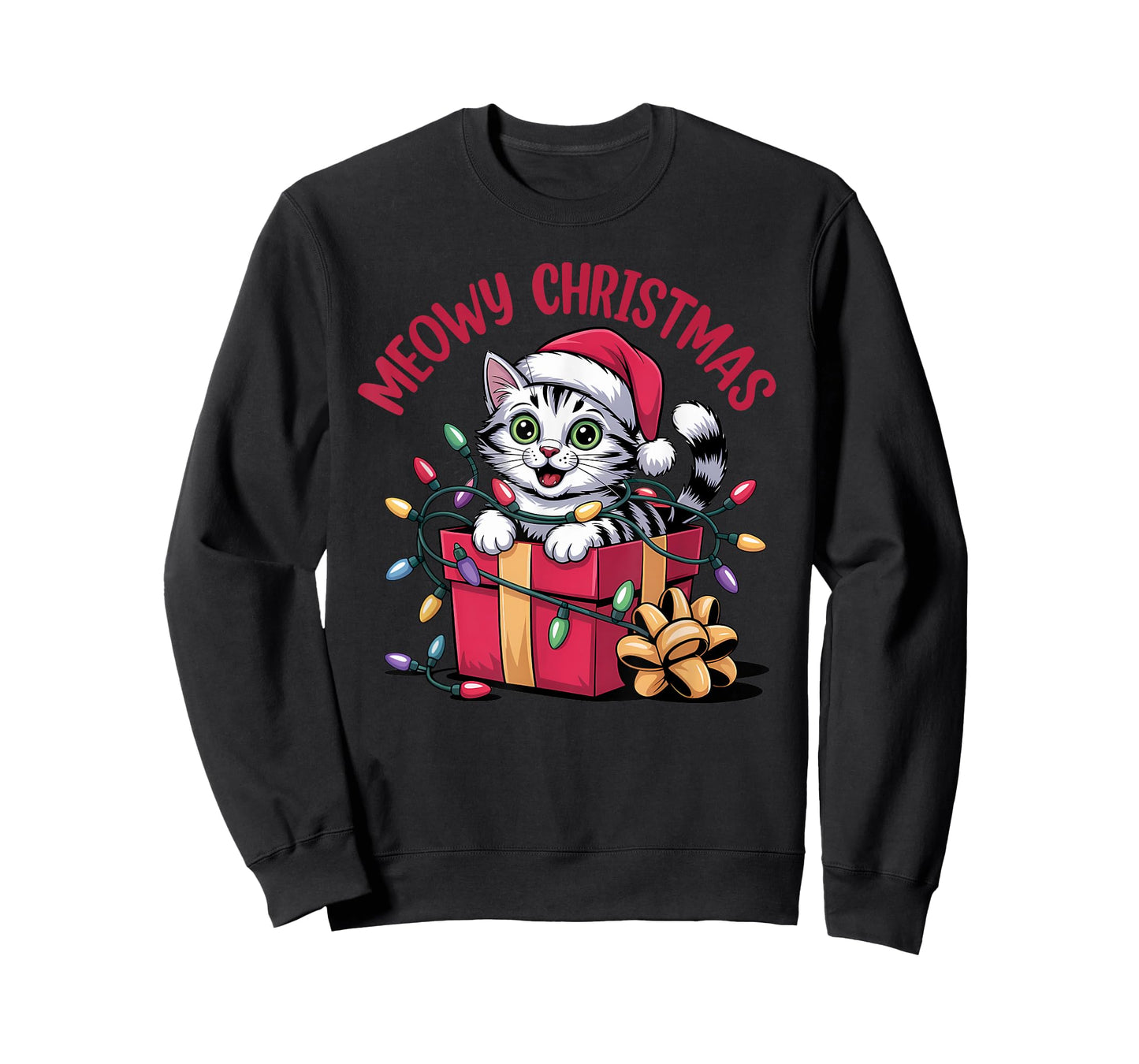 Meowy Christmas Funny Cat Tangled in Lights Xmas Family T-Shirt