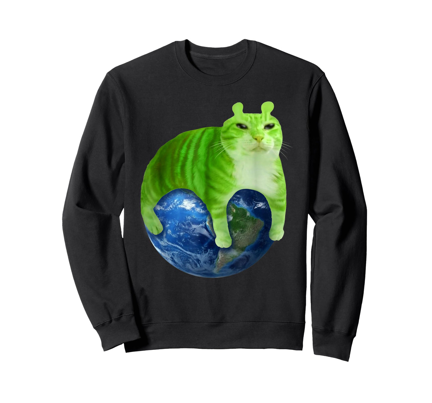 Green Space Cat Sitting On Earth Funny Cosmic Planet Art T-Shirt