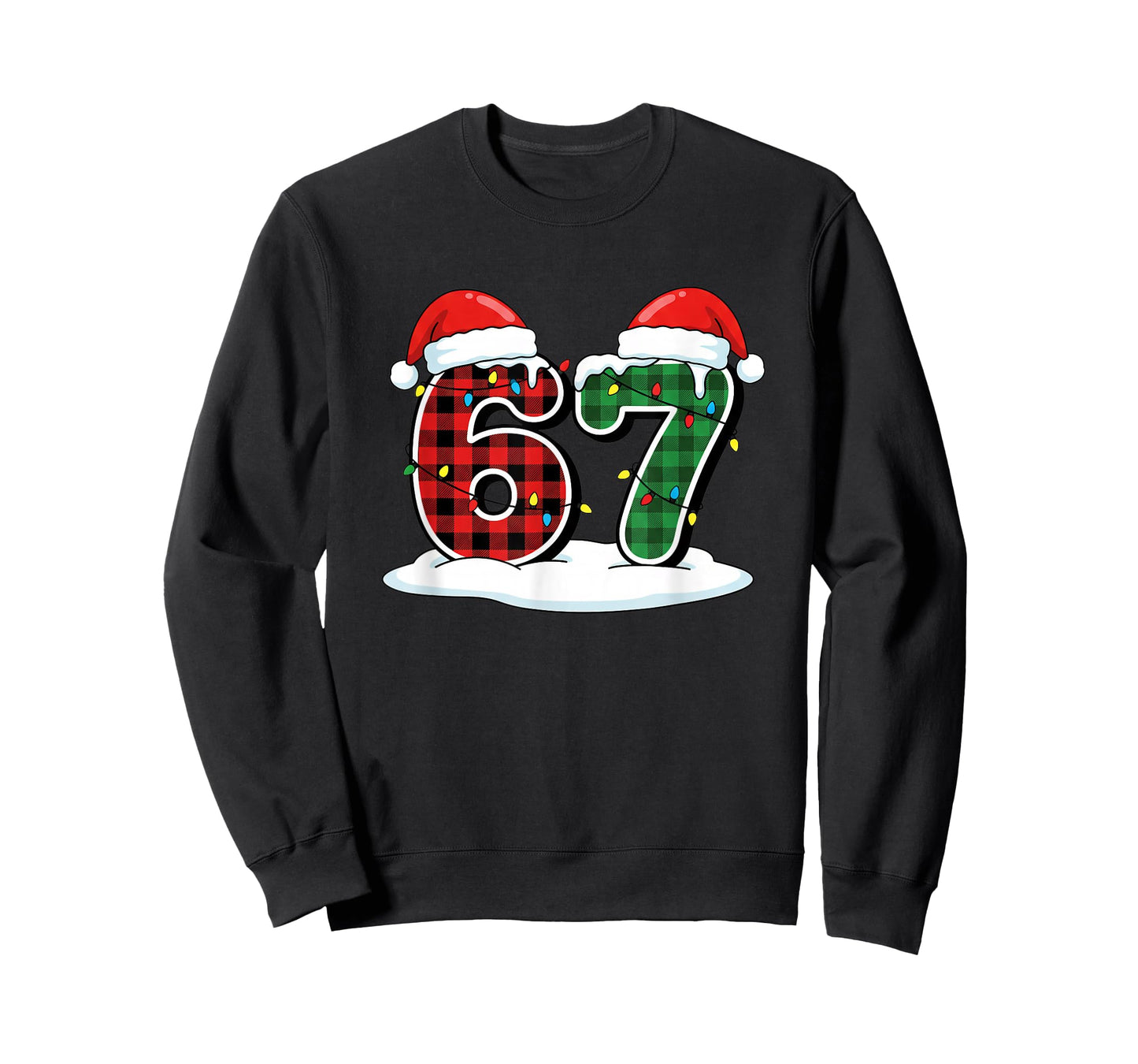 Christmas 67 Meme Six Seven Buffalo Plaid Santa Hats &Lights T-Shirt