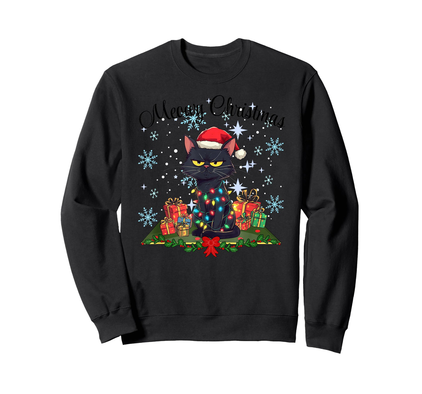 Meowy Christmas Black Cat Santa Hat Wrapped in Lights Fun T-Shirt