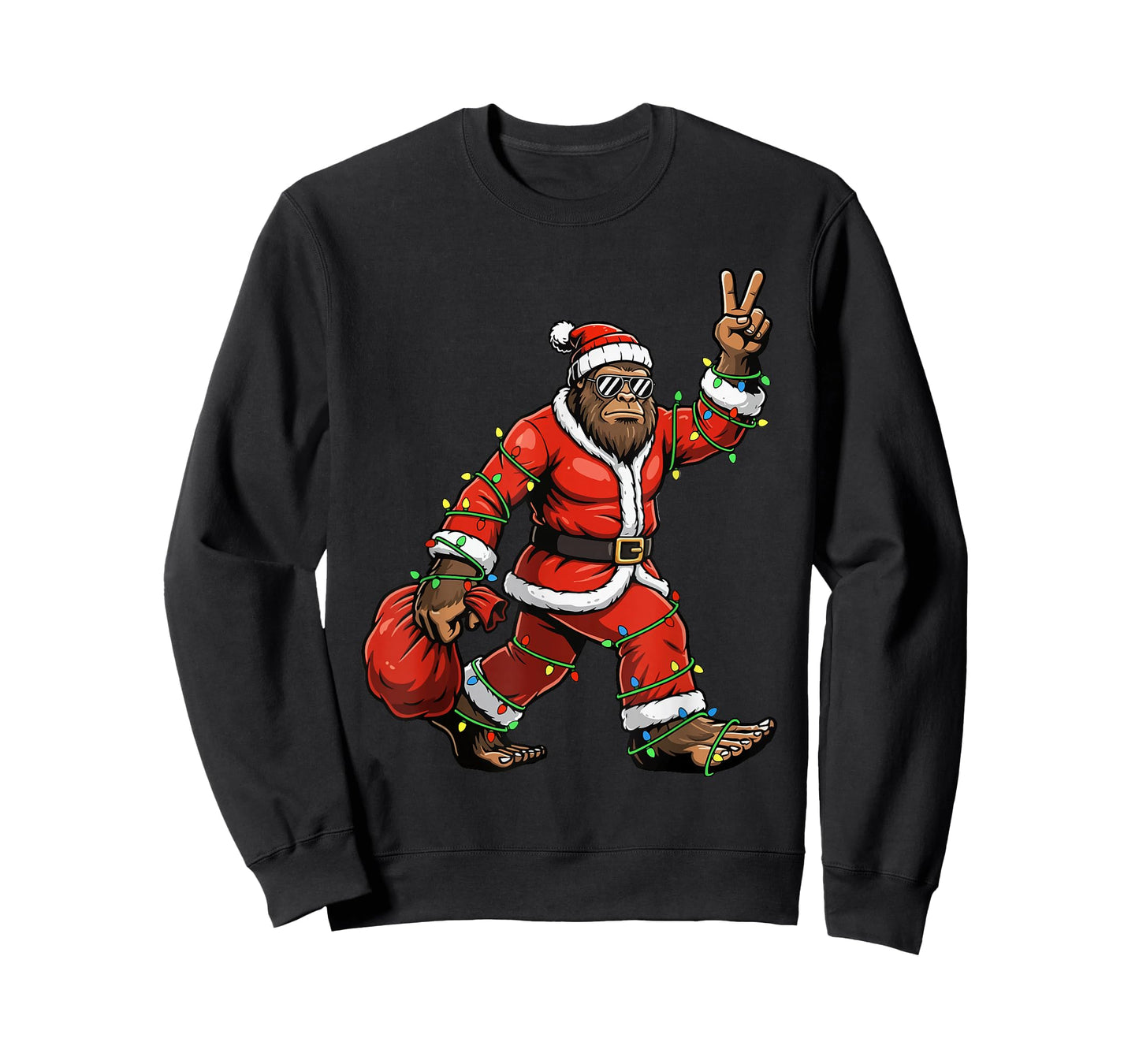 Santa Bigfoot Carrying Christmas Tree Lights T-Shirt