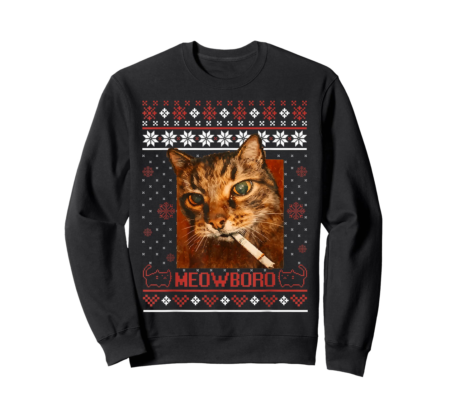 Funny Meowboro Smoking Cat Christmas Ugly Sweater Meme Cat T-Shirt