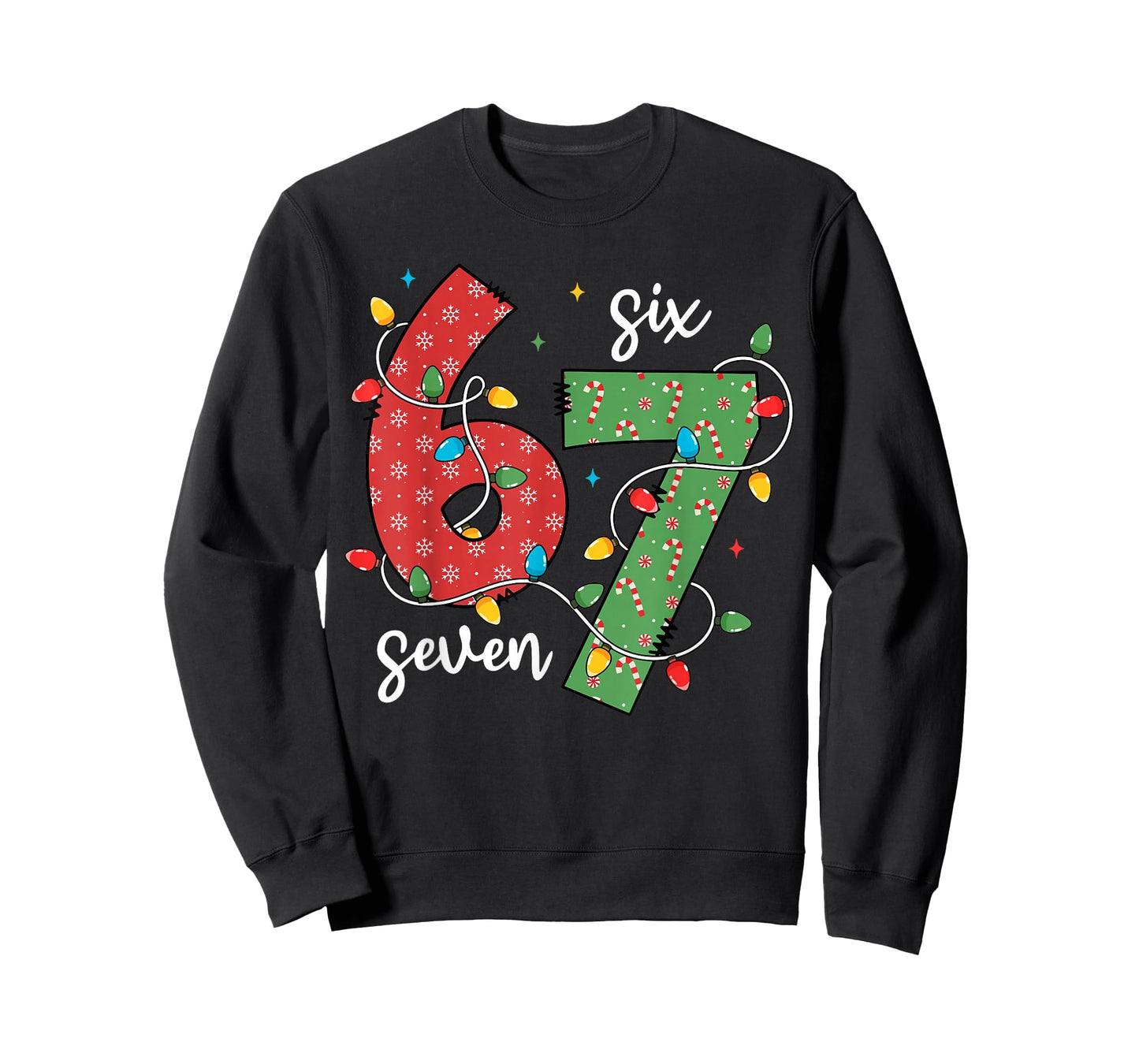 6 7 Six Seven Meme Xmas Lights Candy Cane Christmas Holiday T-Shirt