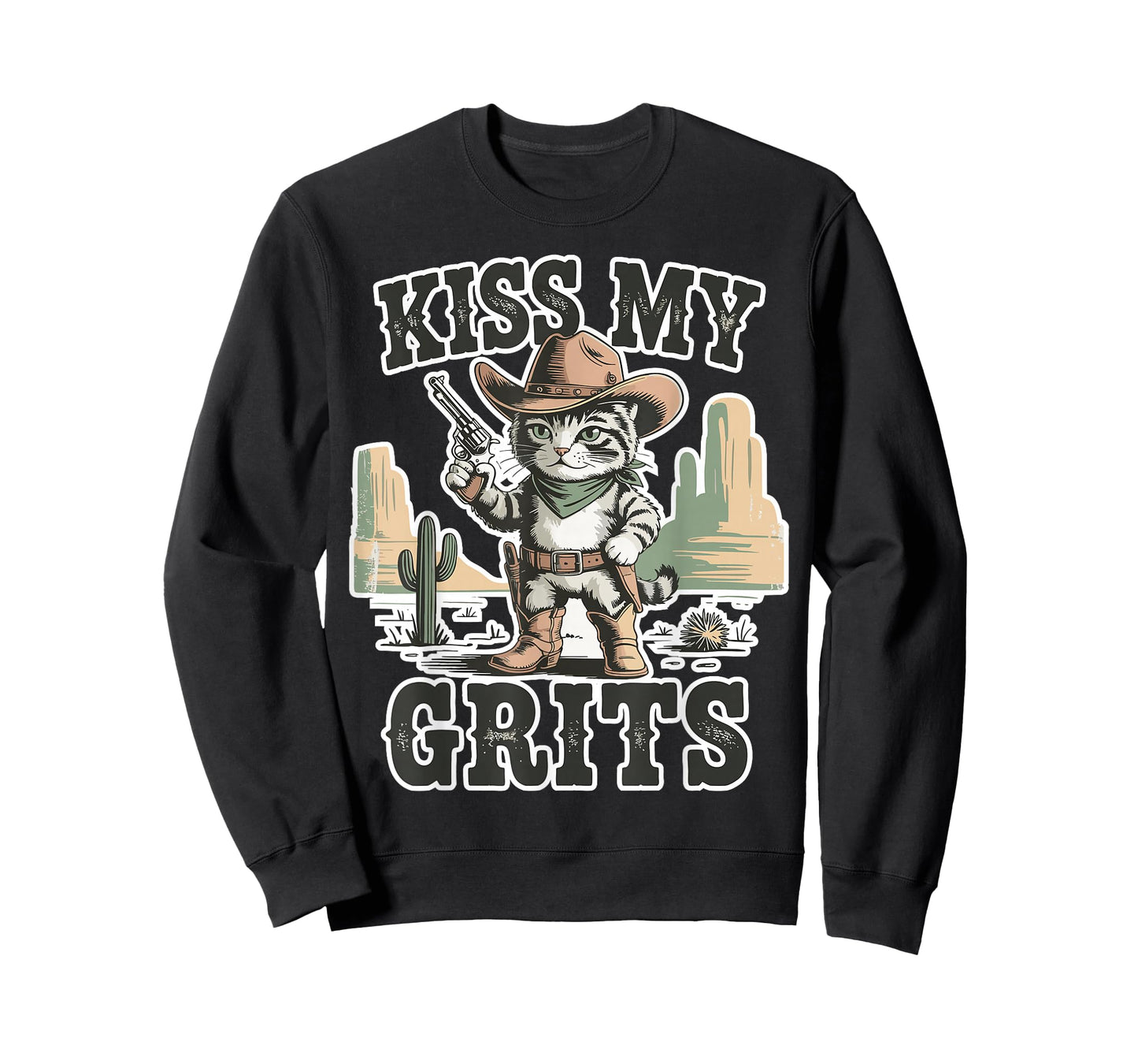 Funny Cat Cowboy Western Country Saying Animal Kiss My Grits T-Shirt