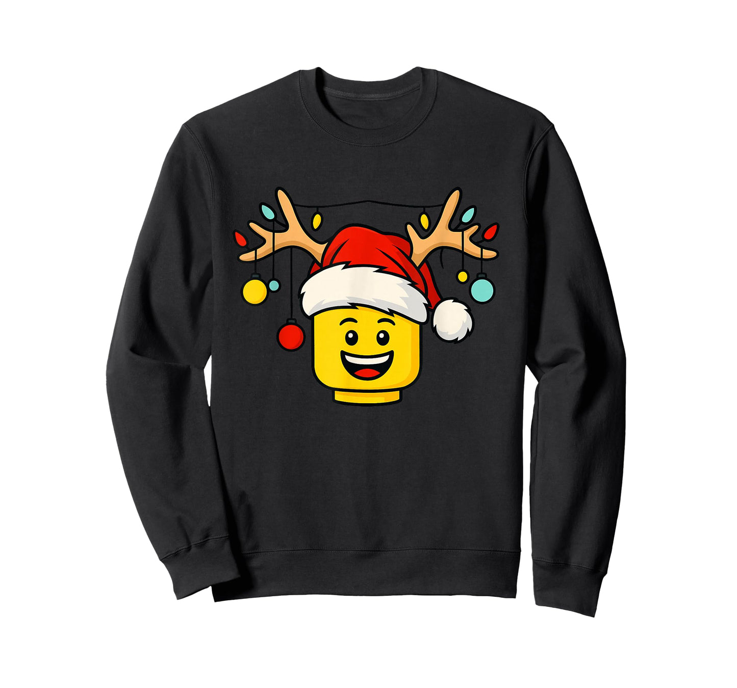 Christmas Building Bricks Head with Santa Hat Antlers Lights T-Shirt