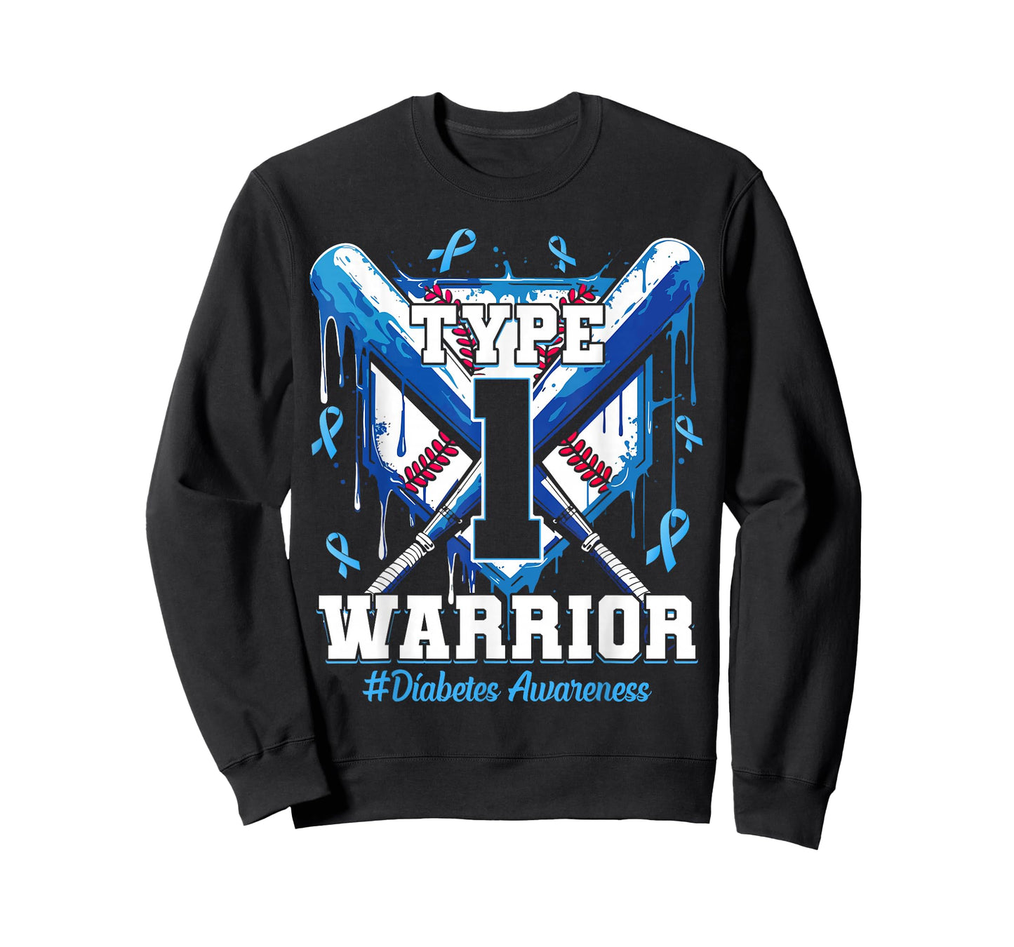 T1D Warrior Baseball Drip Diabetes Awareness Blue Ribbon T-Shirt