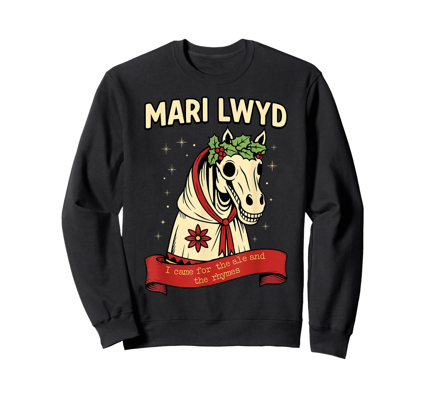 Retro Funny Folklore Skeleton Horse Mari Lwyd Yule Christmas T-Shirt