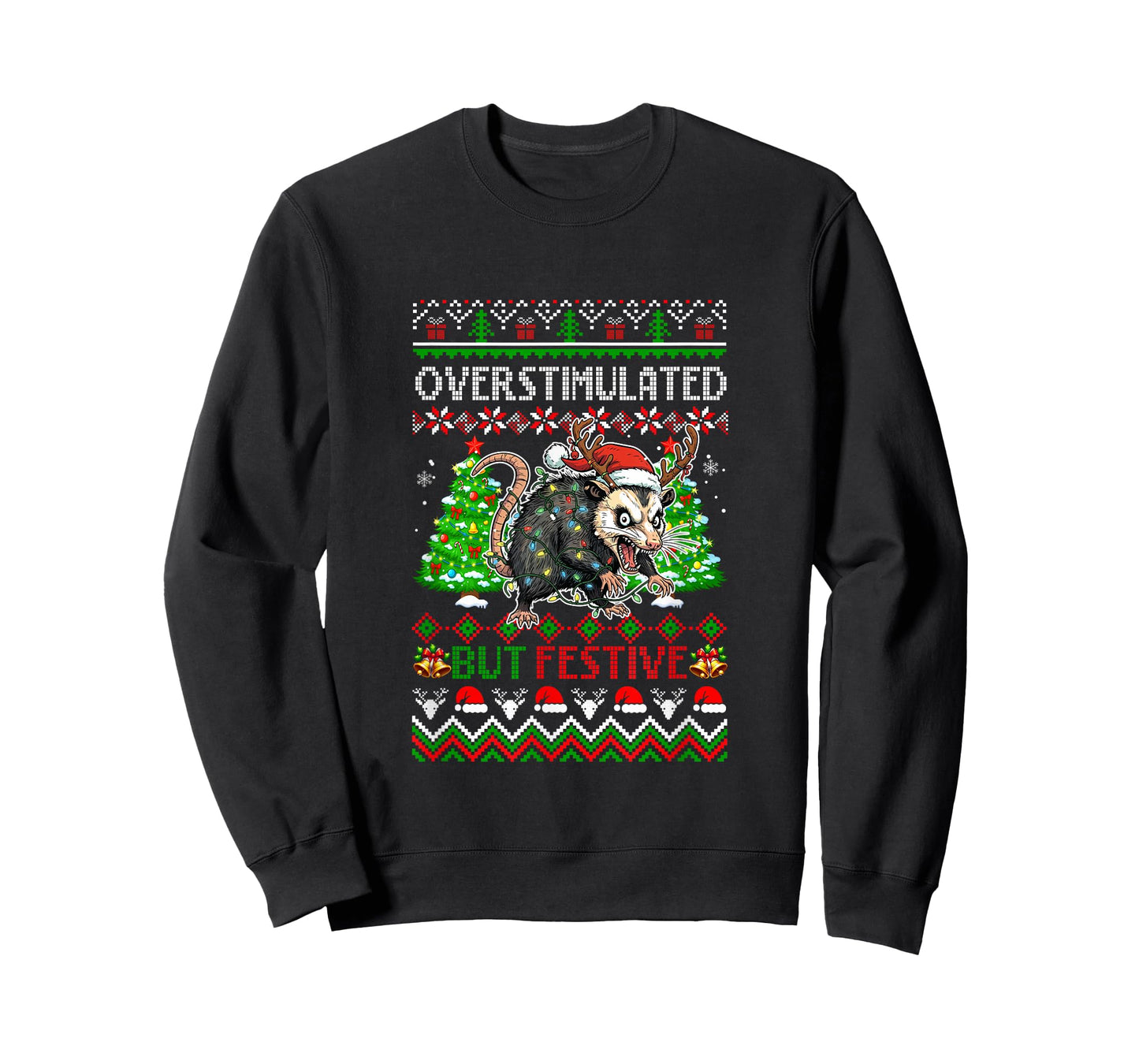 Overstimulated But Festive Christmas Sweater Santa Opossum T-Shirt