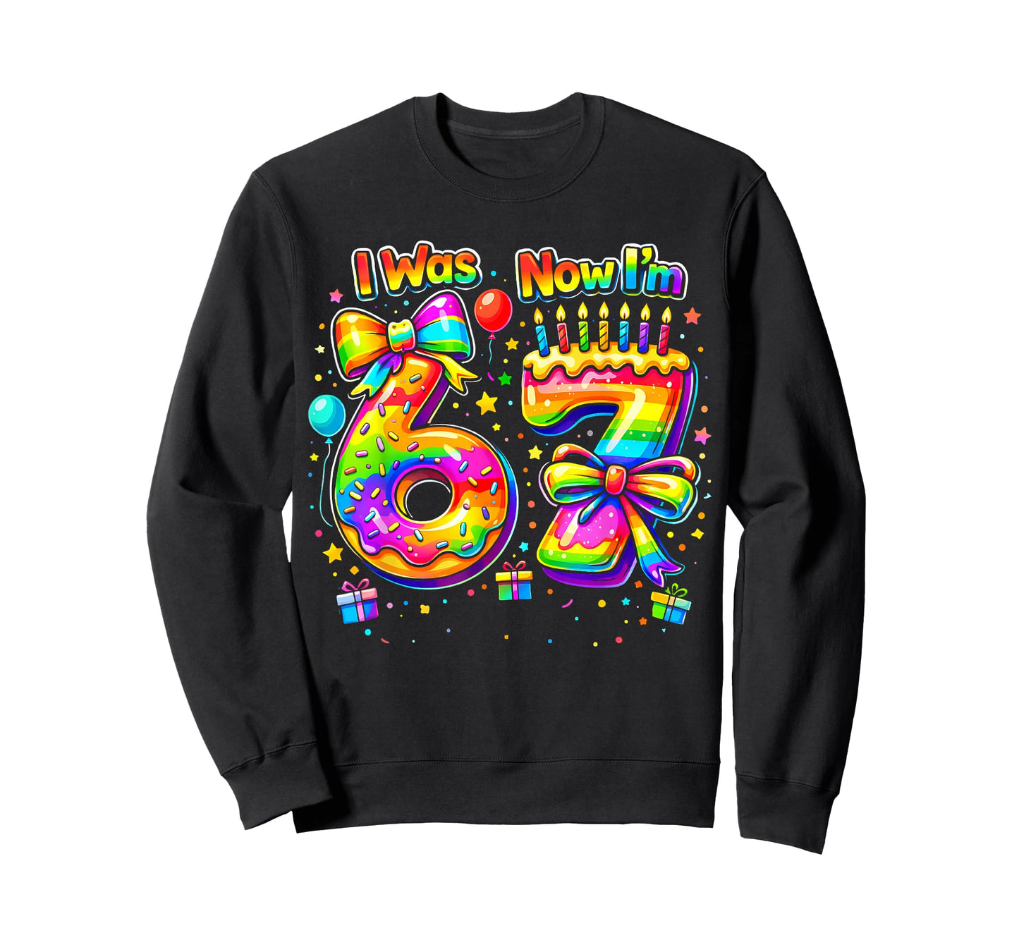7th Birthday Girls I was 6 Now I'm 7 Years Old Kids Rainbow T-Shirt