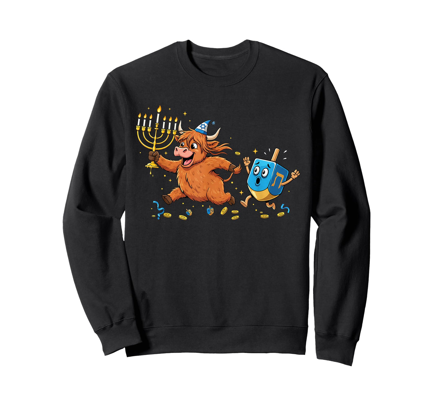 Funny Highland Cow Dreidel Menorah Hanukkah Kids Womens Mens T-Shirt