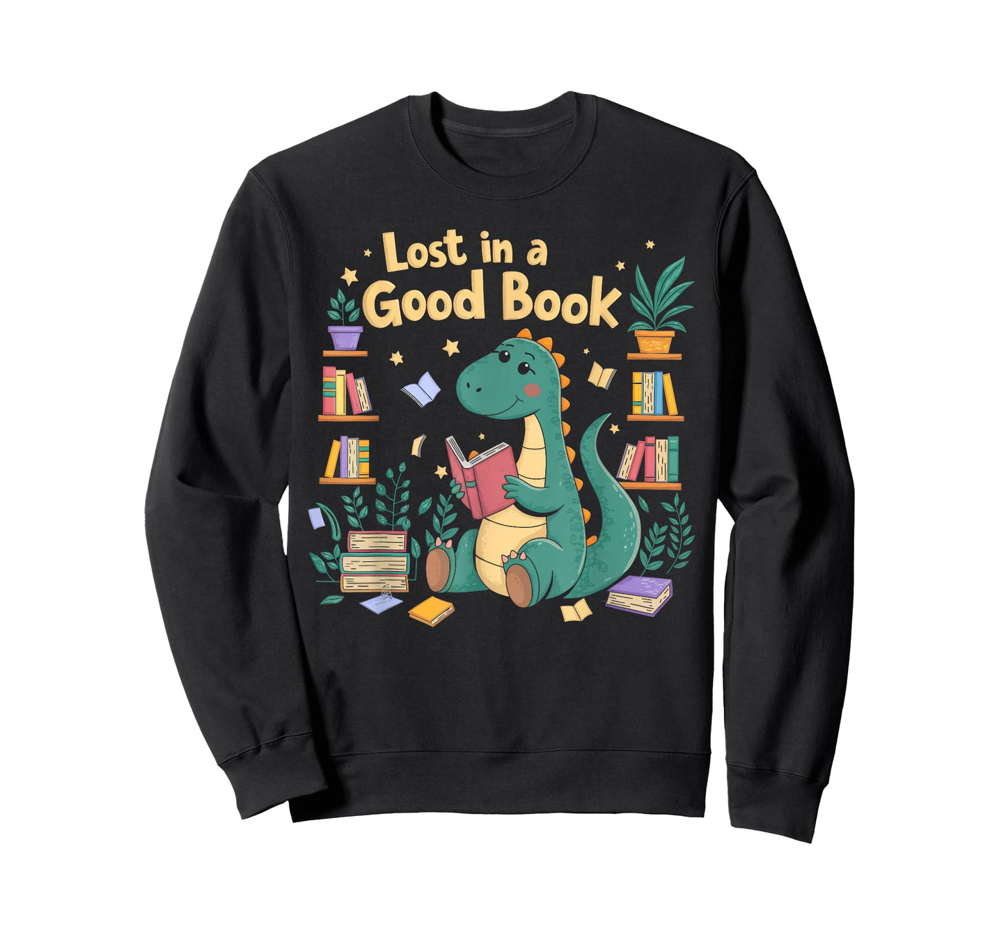 Lost in a Good Book Cute Reading Dinosaur Illustration T-Shirt