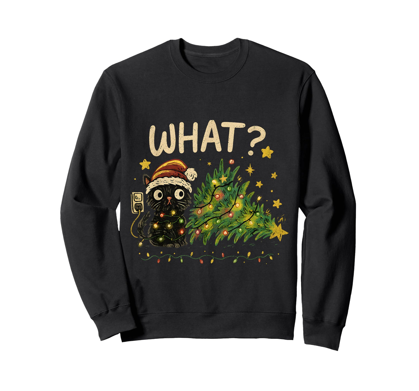 Funny Cat with Christmas Lights and Fallen Tree Art T-Shirt
