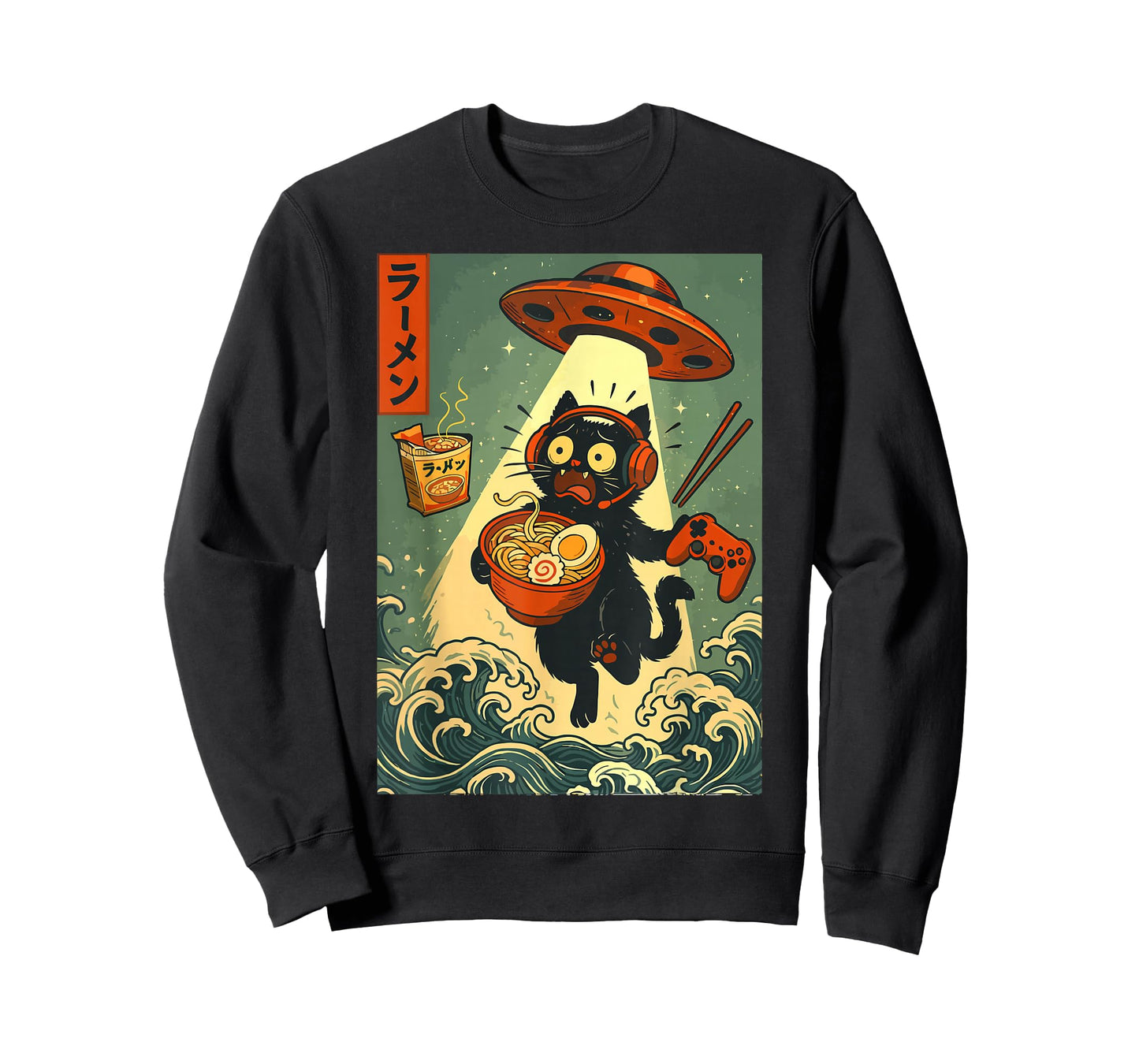 Cute Kawaii Gamer Cat Ramen Retro Japanese Design UFO Beam T-Shirt