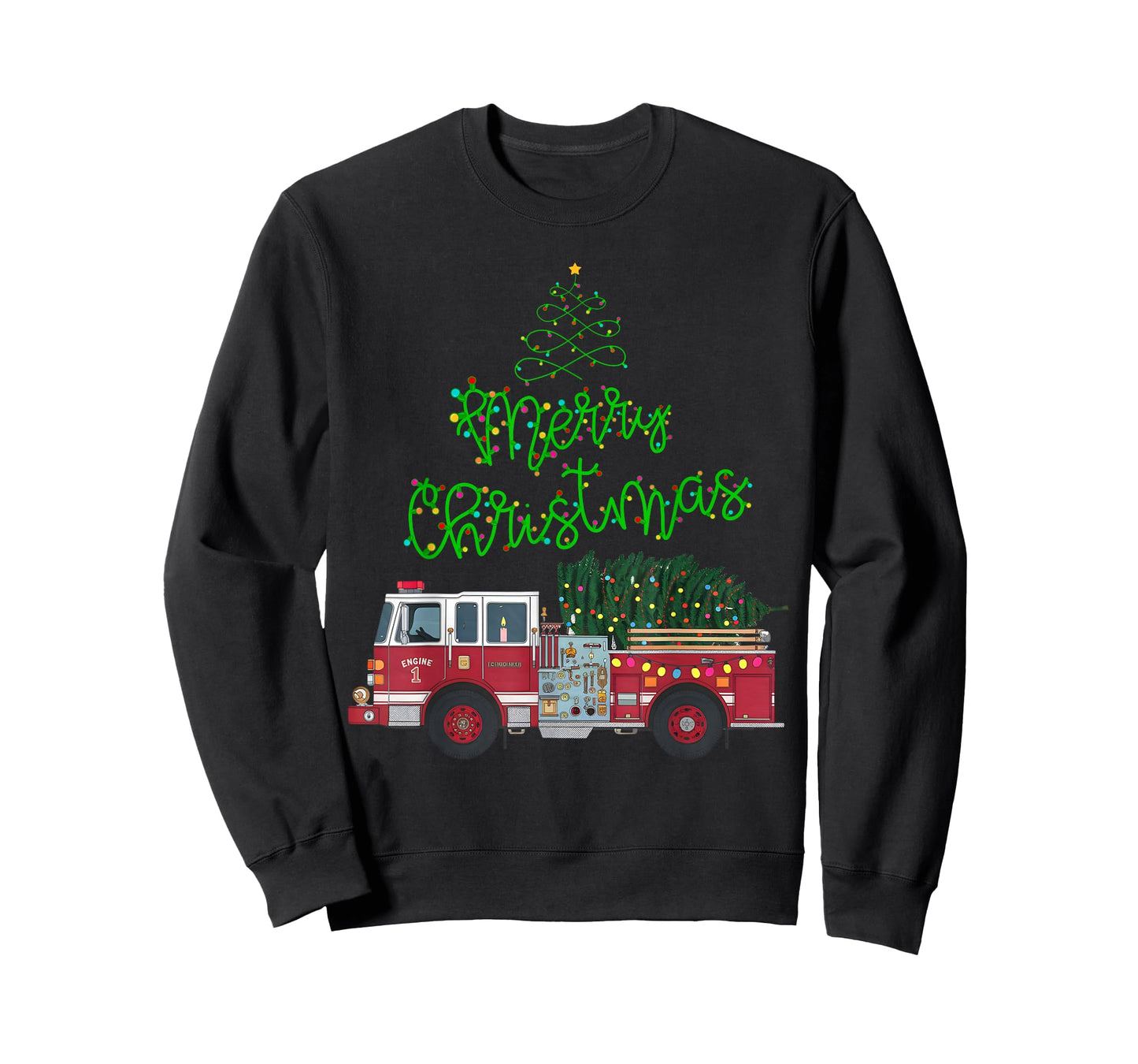 Merry Christmas Firetruck Xmas Tree Lights Boys Toddler Kids T-Shirt