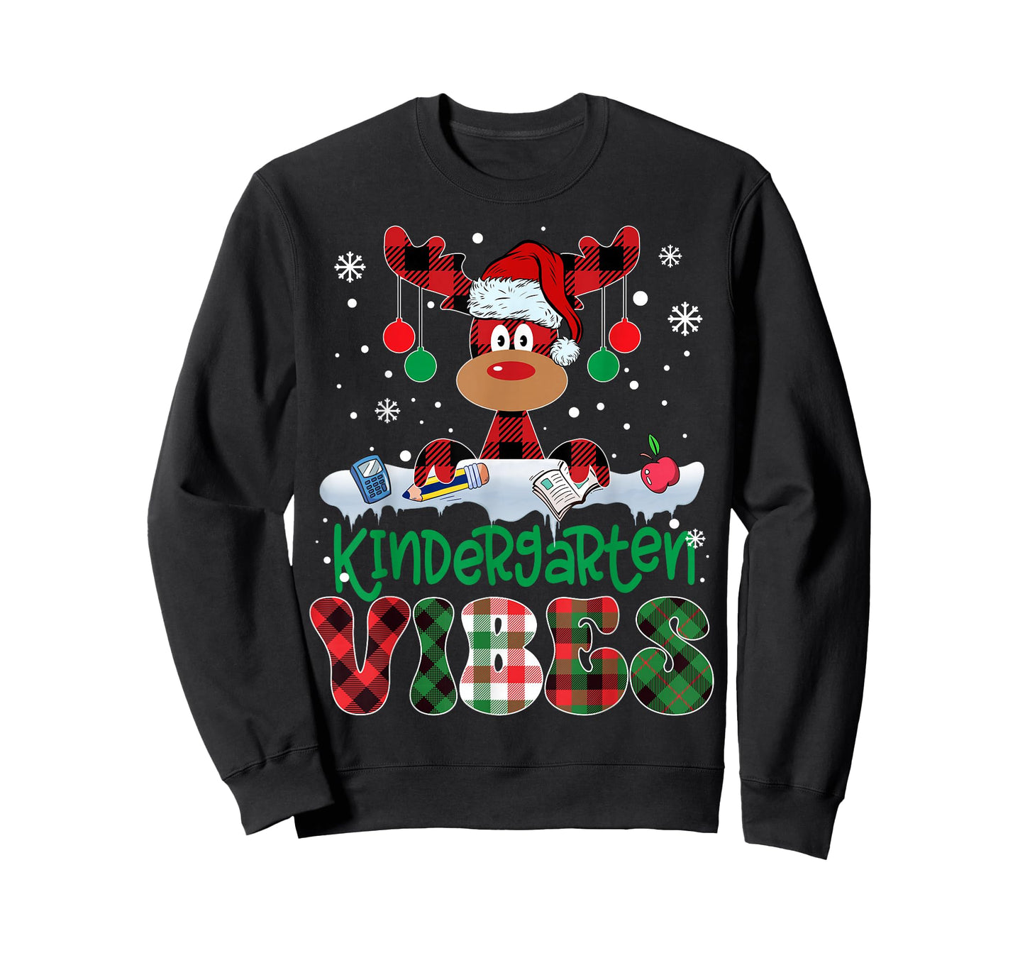 Kindergarten Vibes Teacher Buffalo Plaid Reindeer Christmas T-Shirt