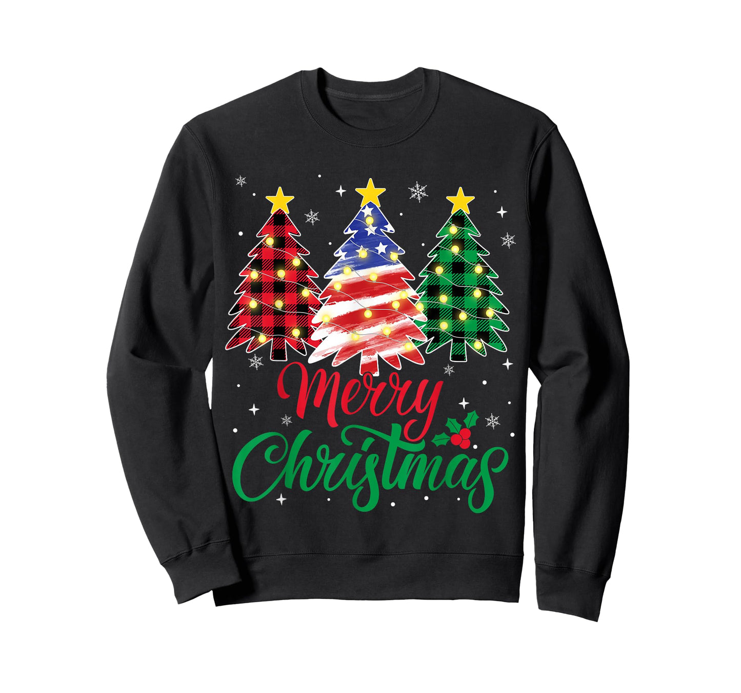 Merry Christmas Trees Red Plaid American Flag USA Xmas T-Shirt