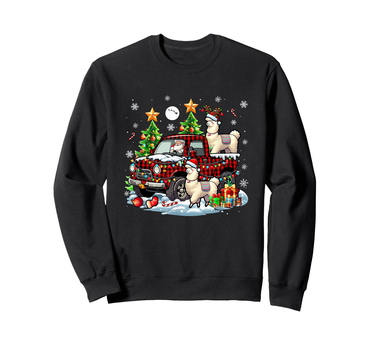 Two Xmas Reindeer Santa Llamas On Colorful Pickup Truck T-Shirt