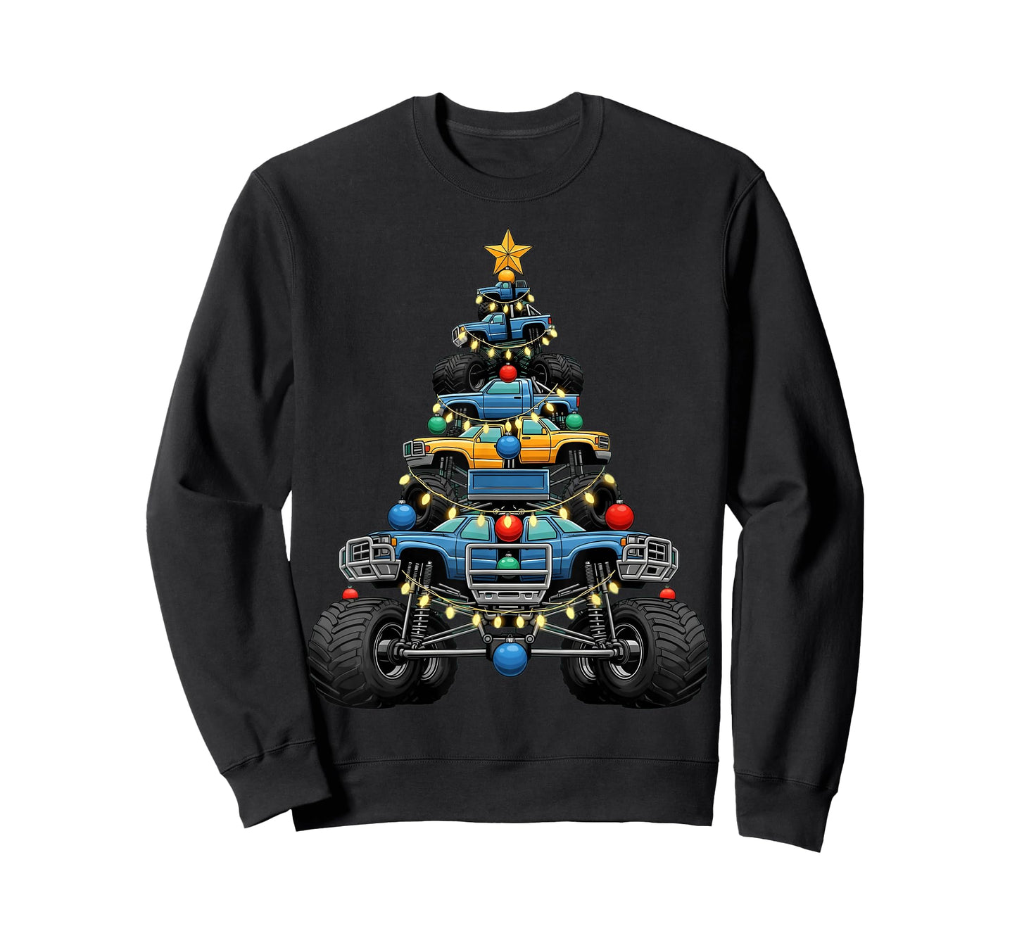 Monster Truck Christmas Tree Xmas Lights Graphic Kids Boys T-Shirt