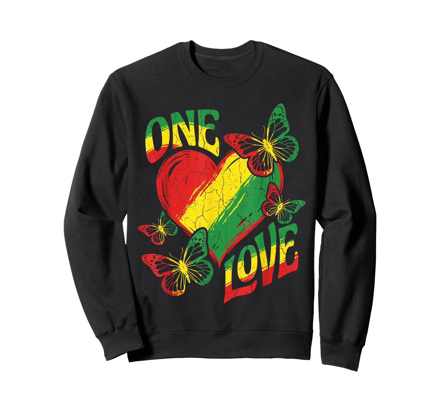 One Love Rasta Heart Red Yellow Green Reggae Butterfly Roots T-Shirt