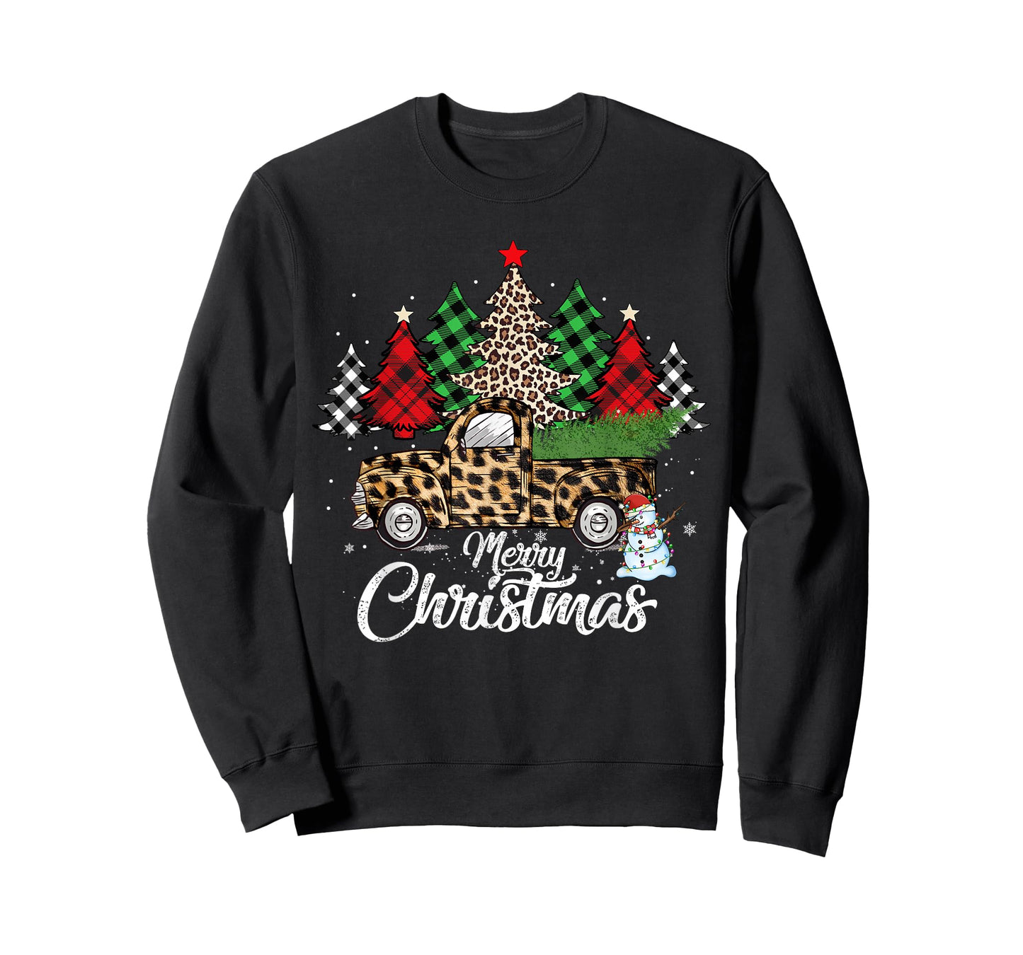 Merry Christmas Leopard Truck Buffalo Plaid Xmas Trees Party T-Shirt