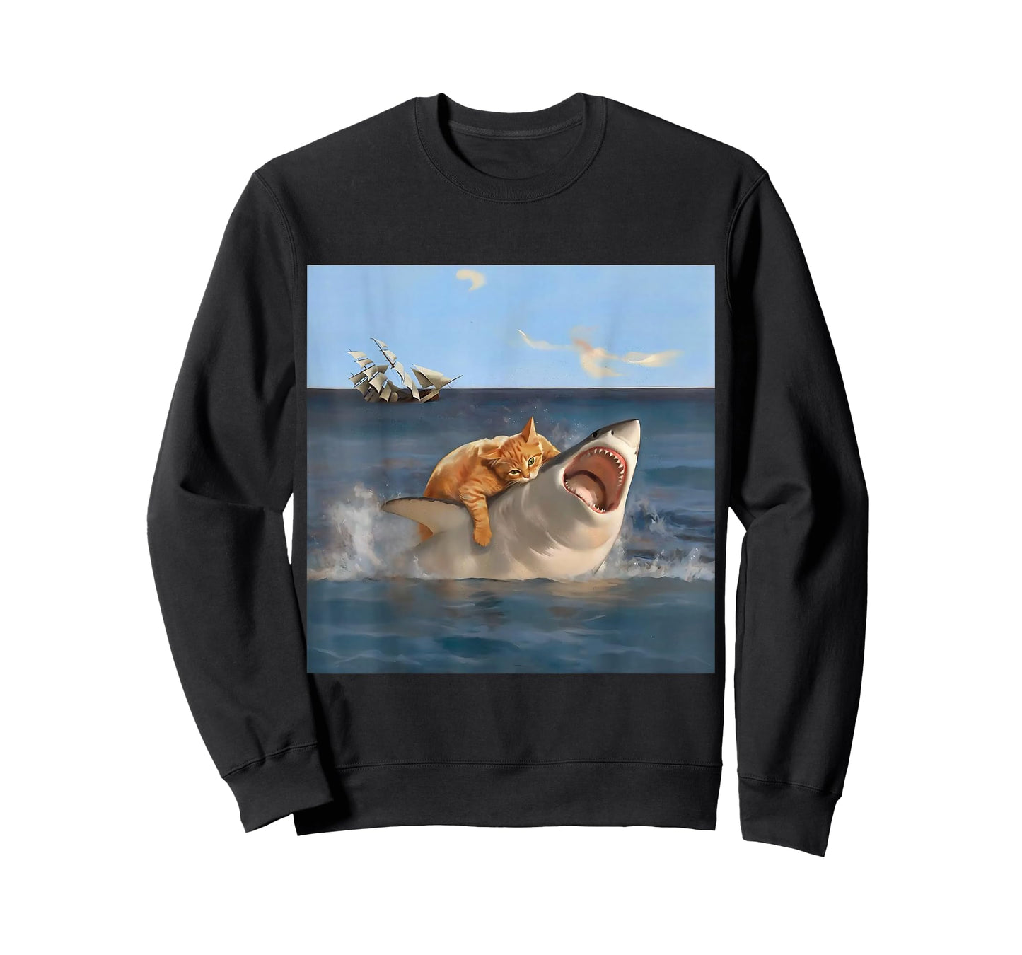 Orange Cat Biting Shark Humorous Funny Art Meme Cat Lover T-Shirt
