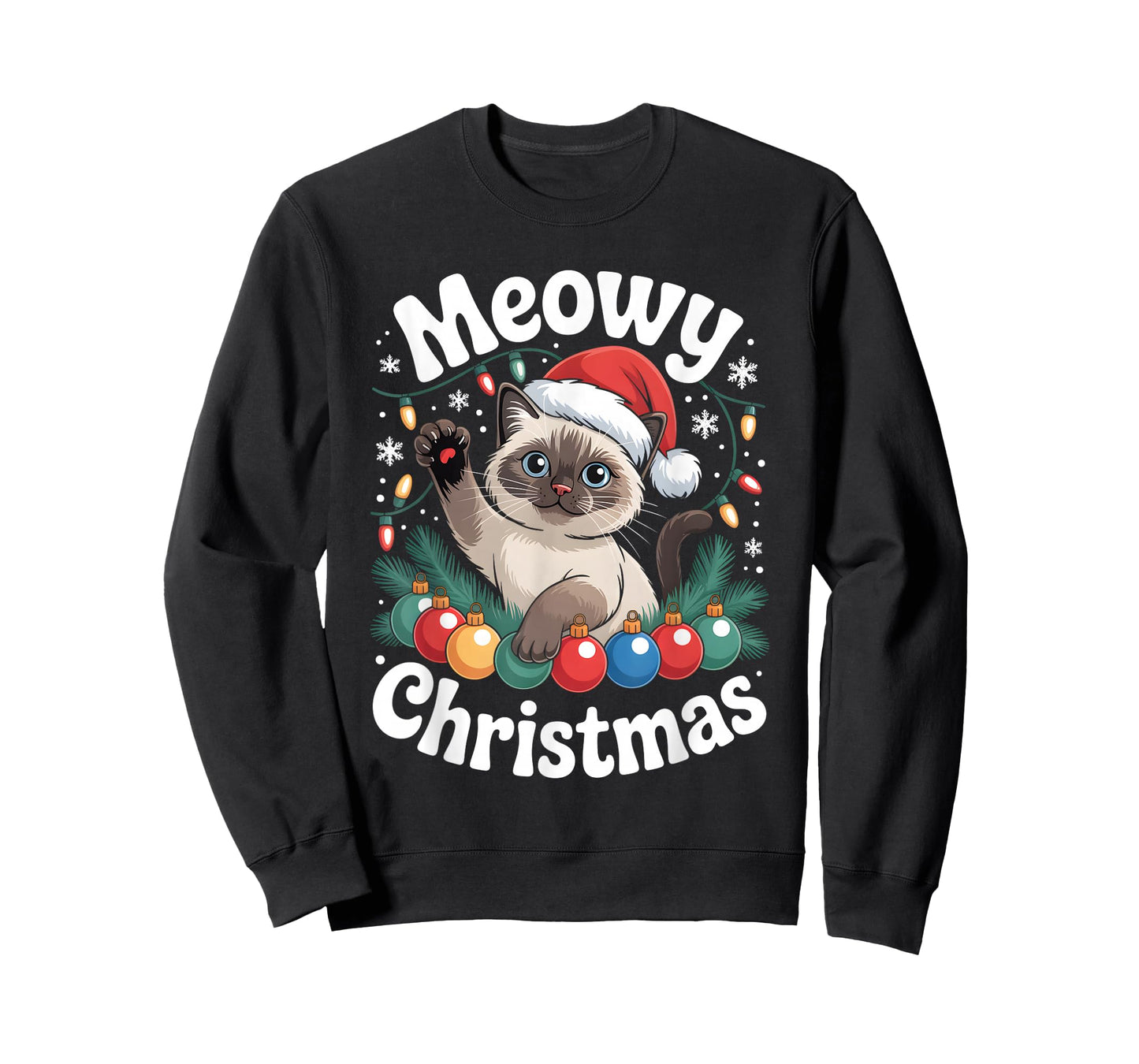 Siamese Cat Meowy Christmas Cute Santa Hat Holiday Funny T-Shirt