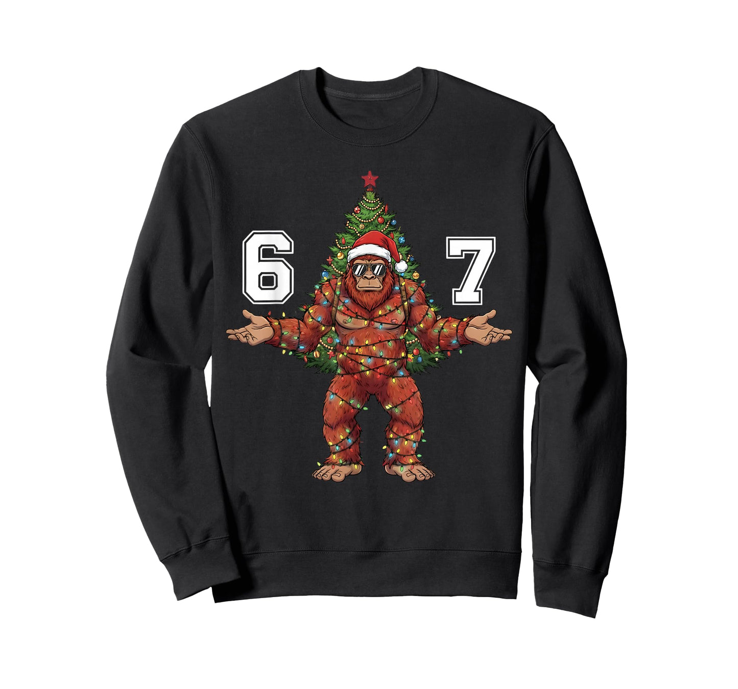 Santa Bigfoot 67 Christmas Tree Xmas Lights Funny Sasquatch T-Shirt