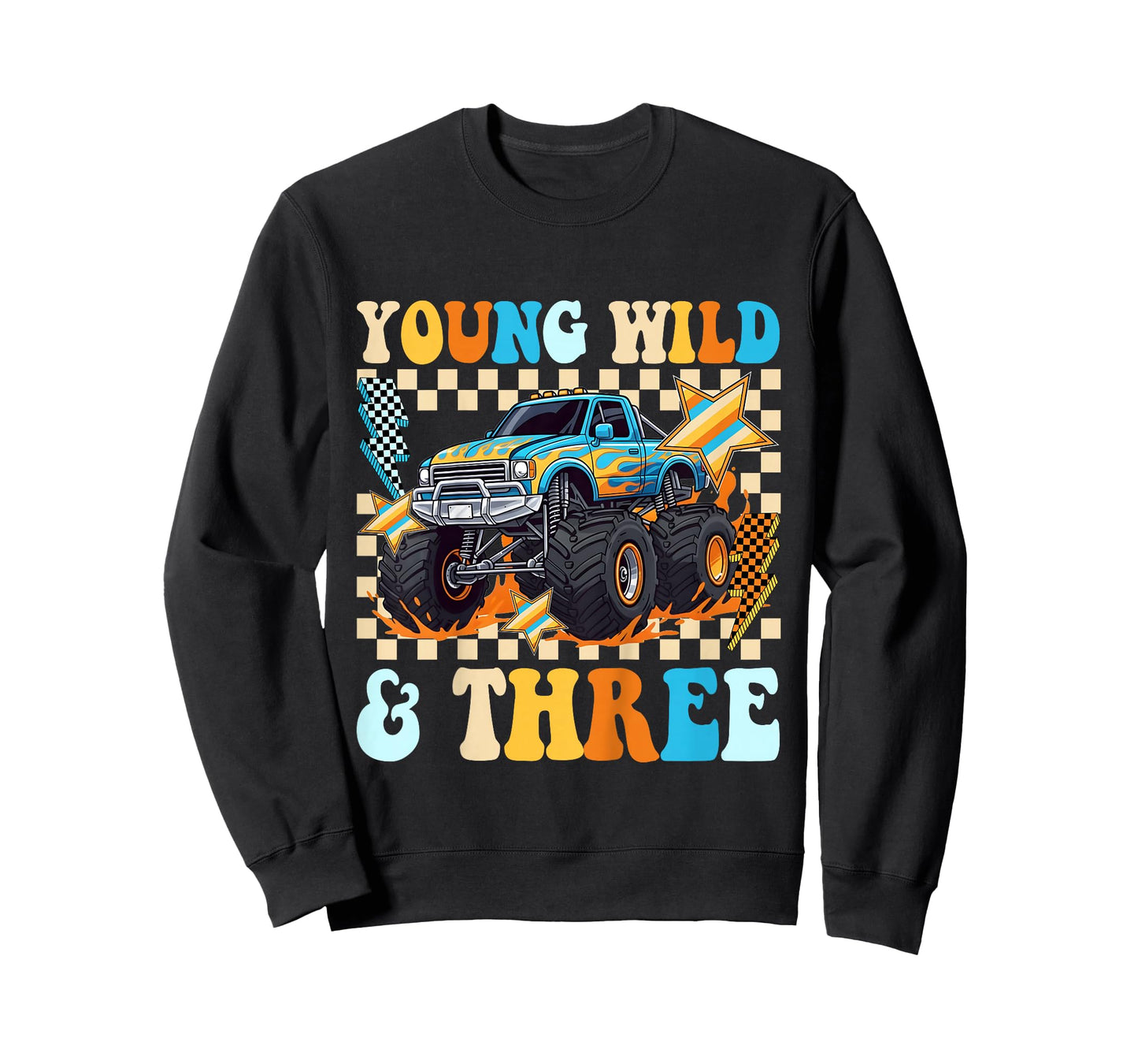 3rd Birthday Monster Truck Young Wild and Three Checkered T-Shirt