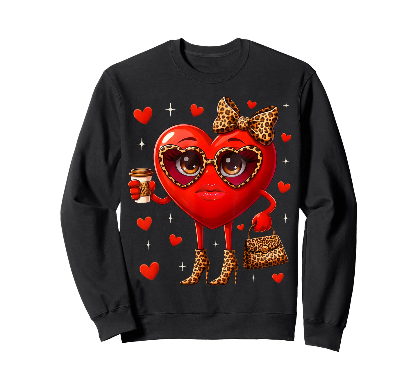 Leopard Heart Drinking Coffee Valentines Day Women Love T-Shirt