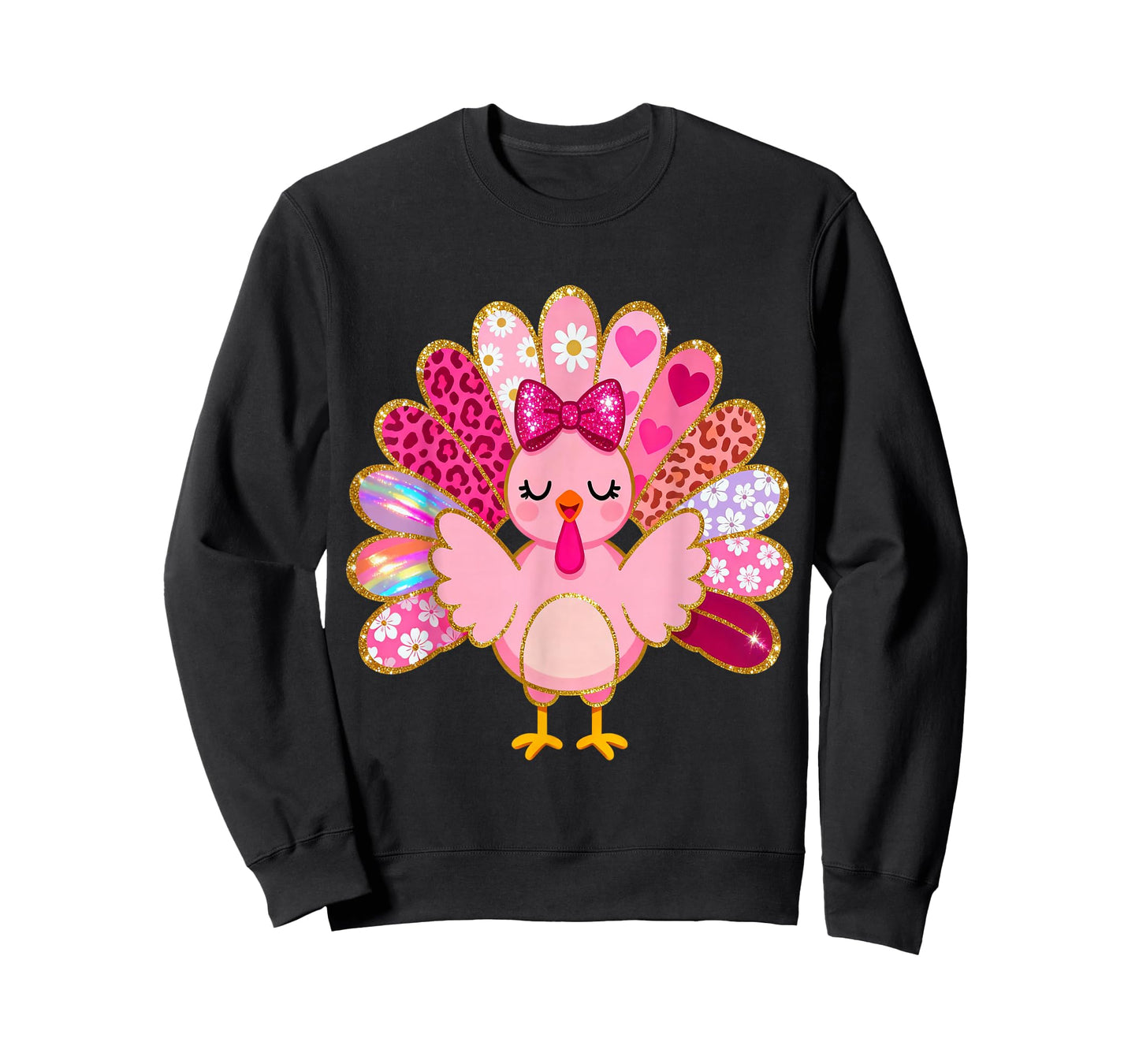 Women Pink Turkey Hearts Leopard Floral Thanksgiving Girls T-Shirt