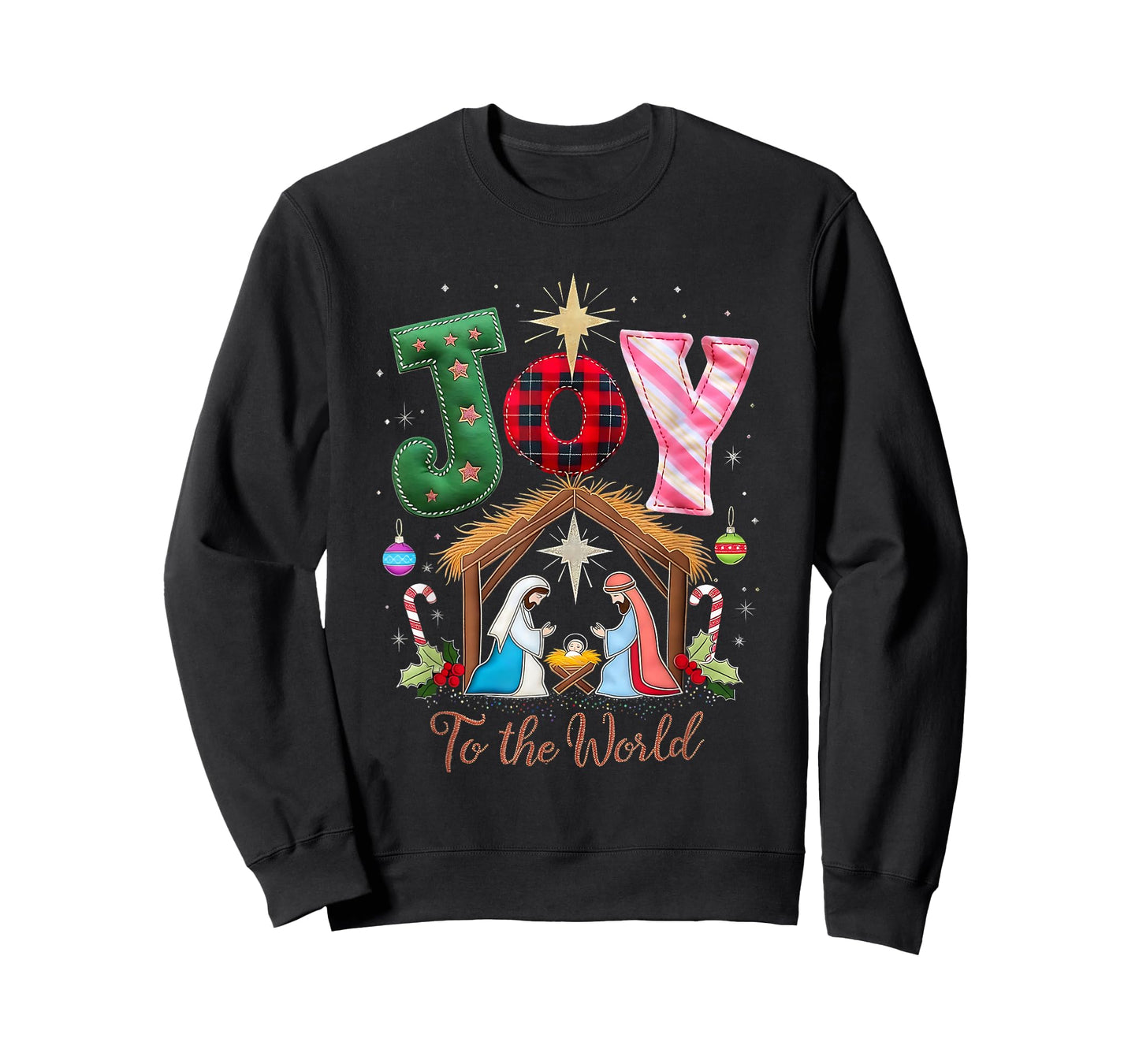 Joy to The World Patchwork Nativity Christmas T-Shirt