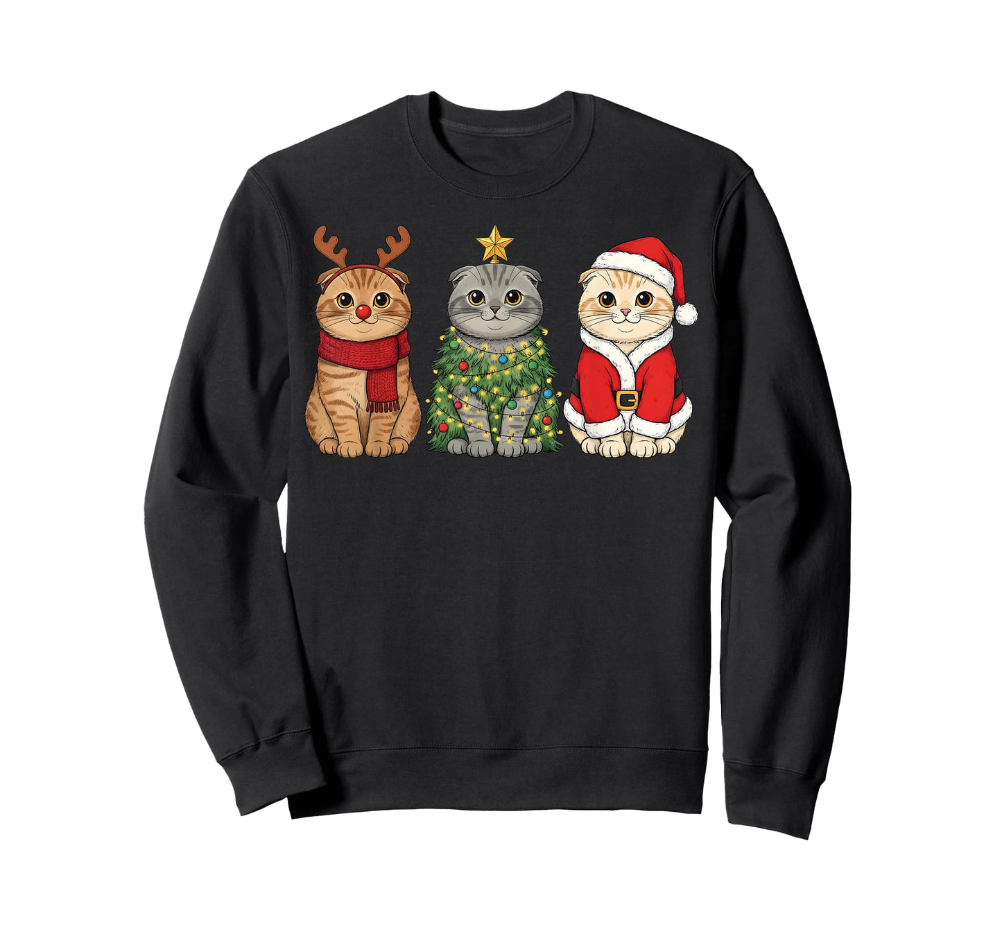 Retro Christmas Scottish Fold Cat Santa Reindeer T-Shirt