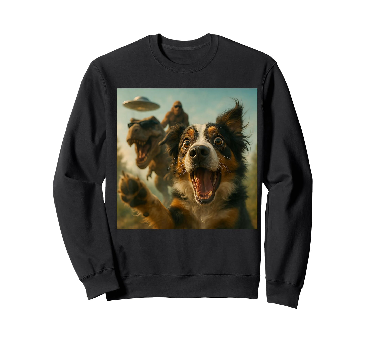 Shocked Australian Shepherd Dog T-Rex Bigfoot UFO Selfie T-Shirt