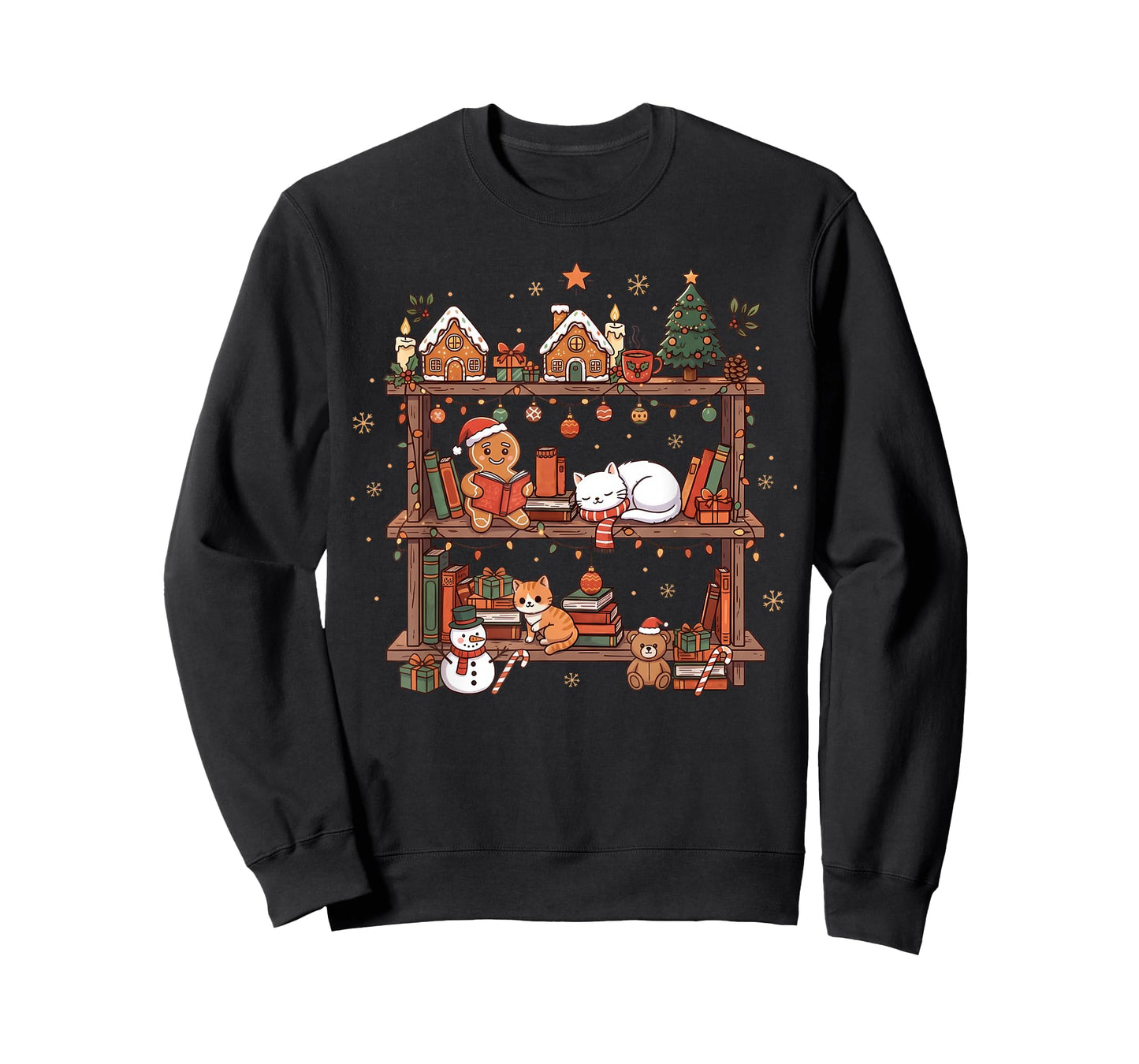 Christmas Cats Bookshelf Gingerbread T-Shirt