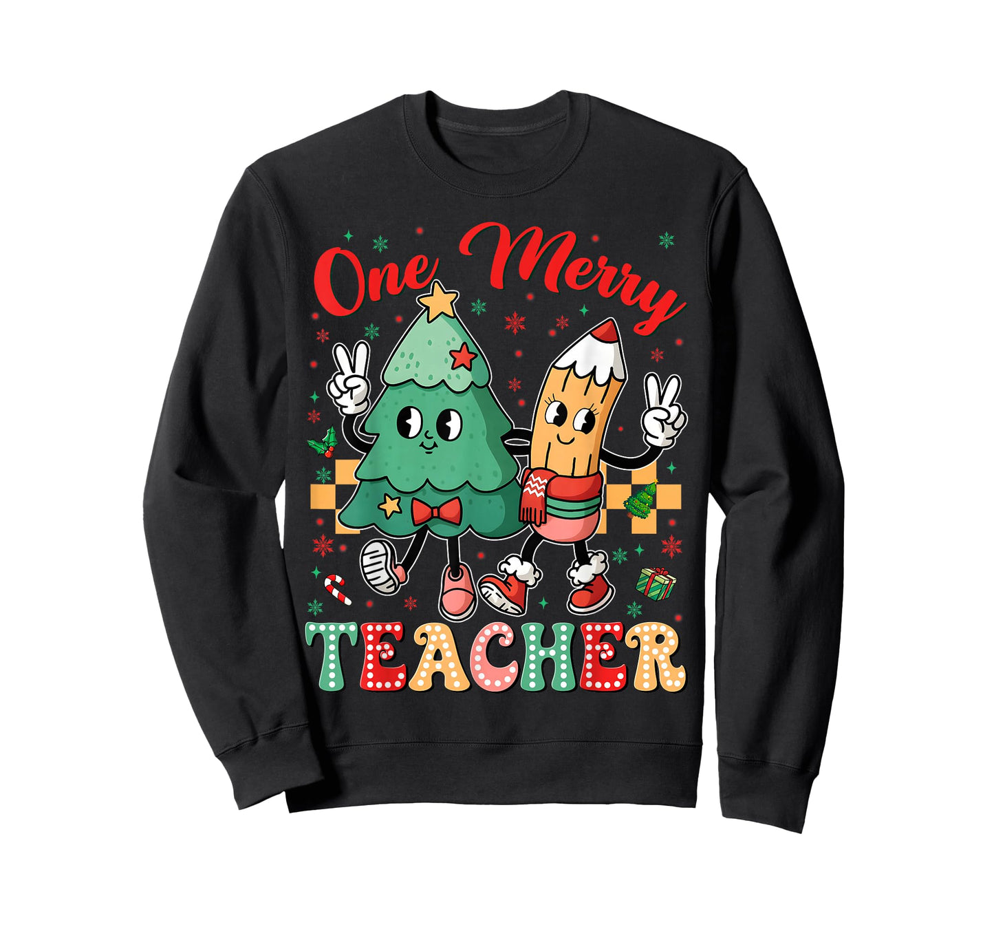 One Merry Teacher Groovy Christmas Tree Pjs Xmas Teacher T-Shirt