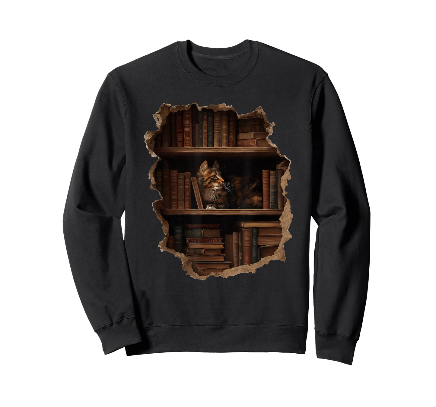 Cat and Boookshelves Hole in Wall Readers Stuff T-Shirt