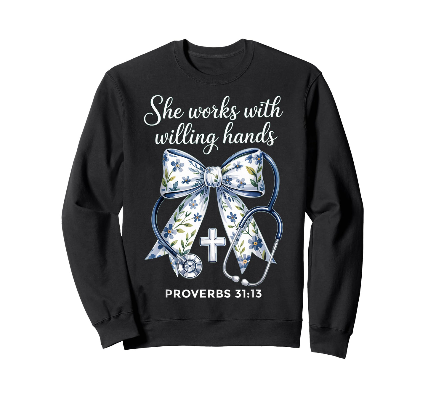 She Works with Hands Coquette Ribbon Faith Christian Nurse T-Shirt