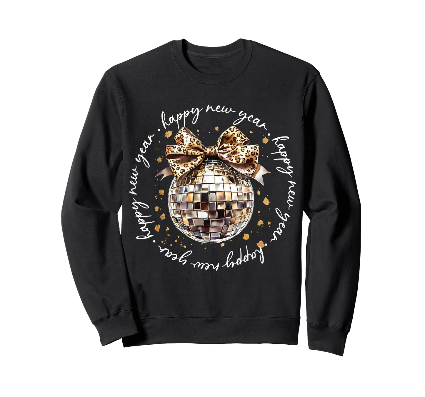 Happy New Year 2026 Disco Ball Leopard Pattern Bow Groovy T-Shirt