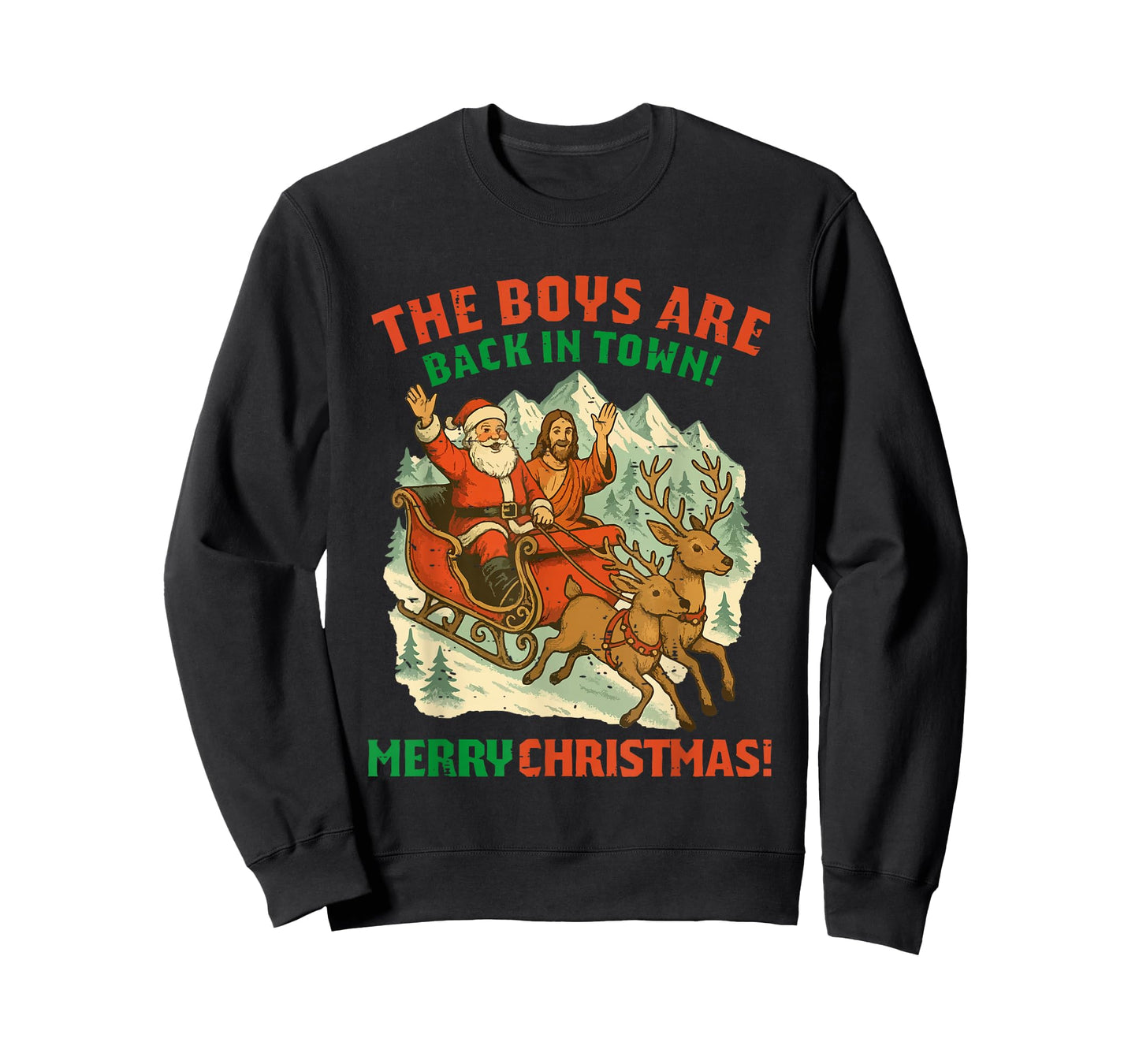 Retro Funny Santa Jesus The Boys are Back in Town Christmas T-Shirt
