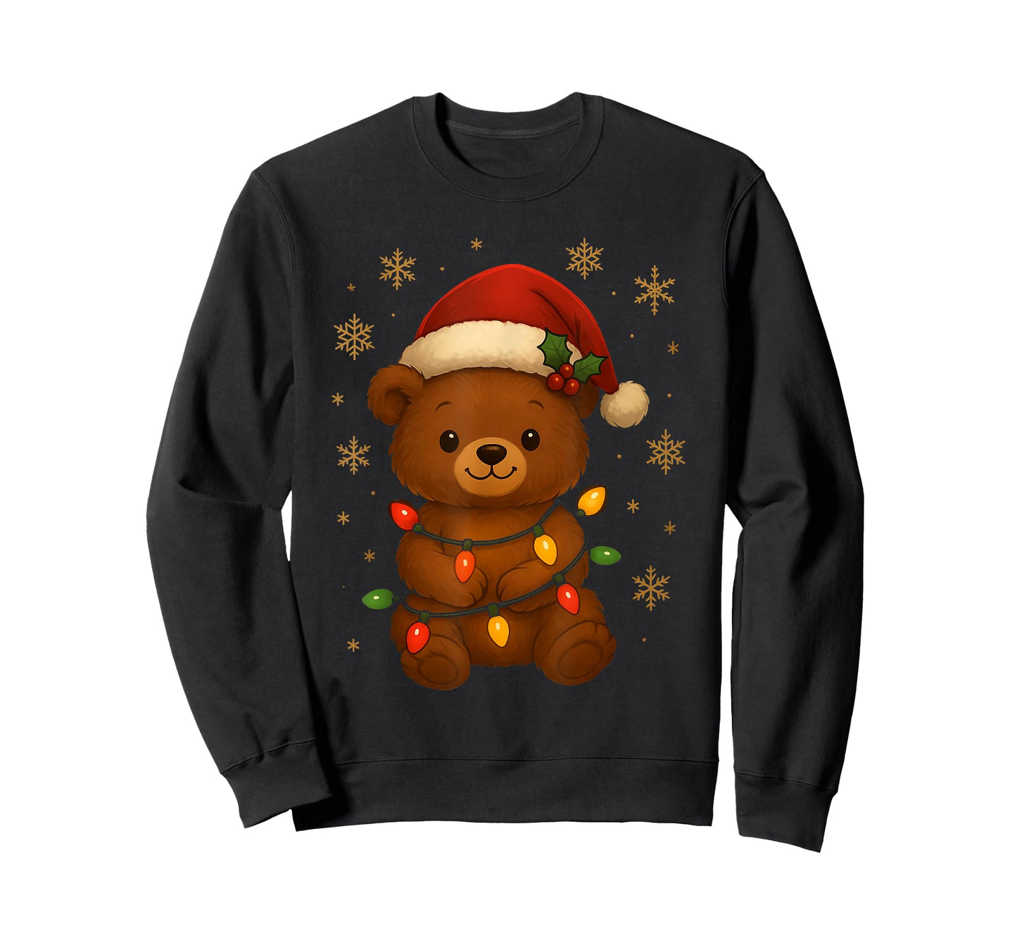 Cute Teddy Bear Christmas Tree Lights Santa Hat Funny Xmas T-Shirt