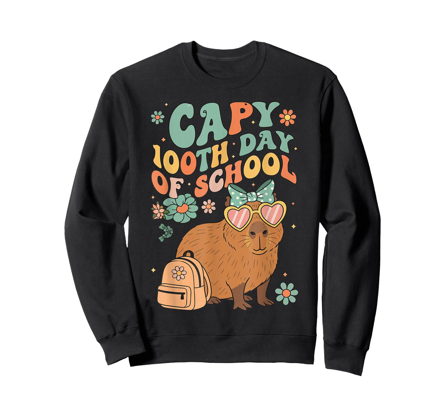 Capy 100th Day of School Groovy Flowers Capybara Design T-Shirt
