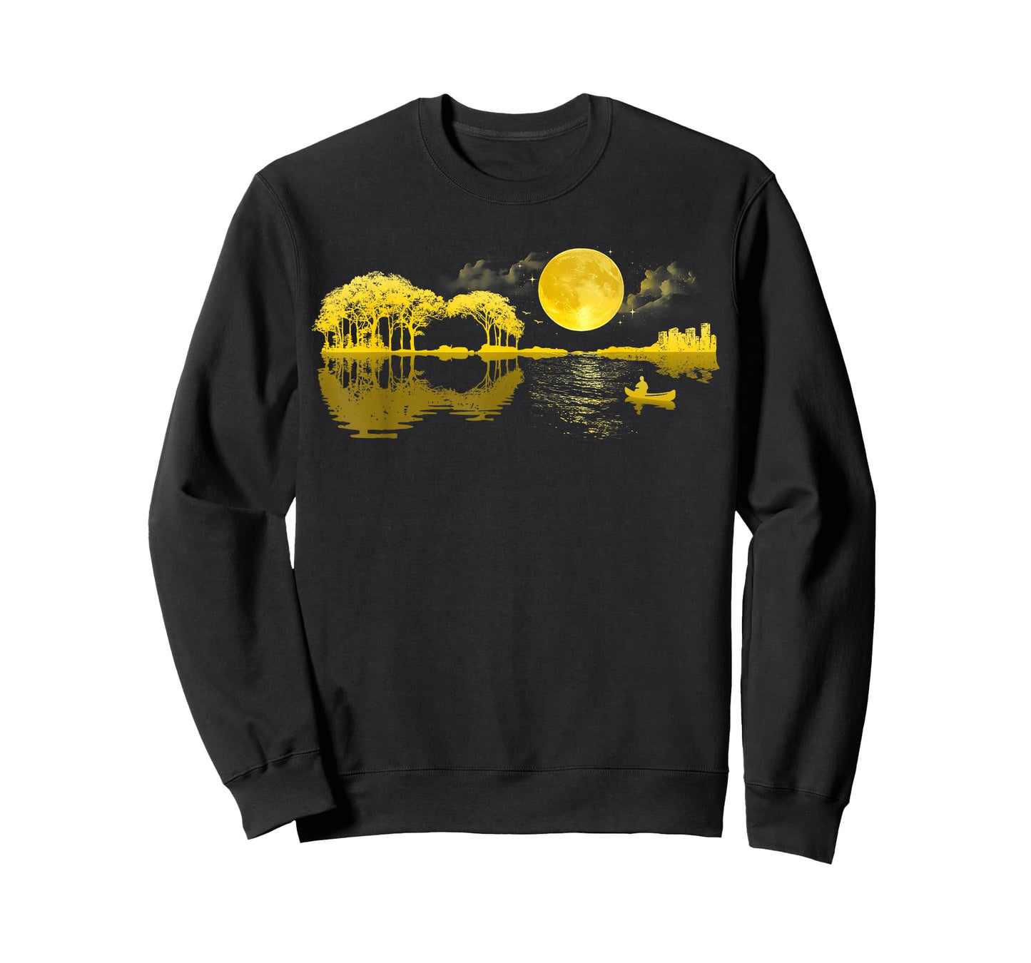 Guitar Lake Reflection Moonlight Nature Music Lover T-Shirt