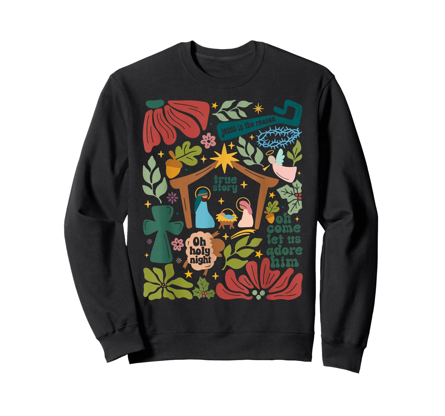 Oh Come Let Us Adore Him Boho Floral Nativity Christmas T-Shirt