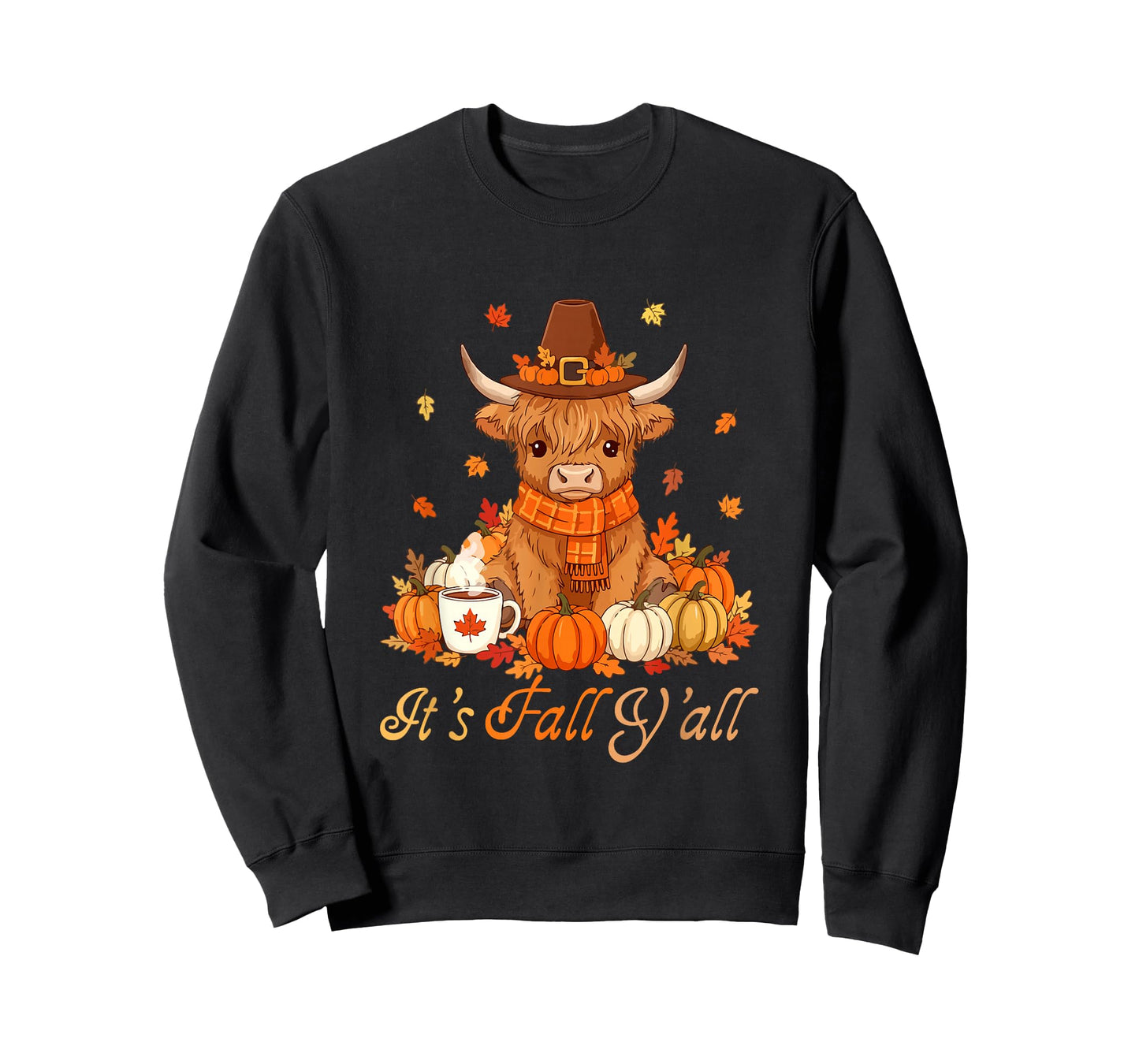 Fall Y'all Thanksgiving Highland Cow Autumn Leaves Pumpkins T-Shirt