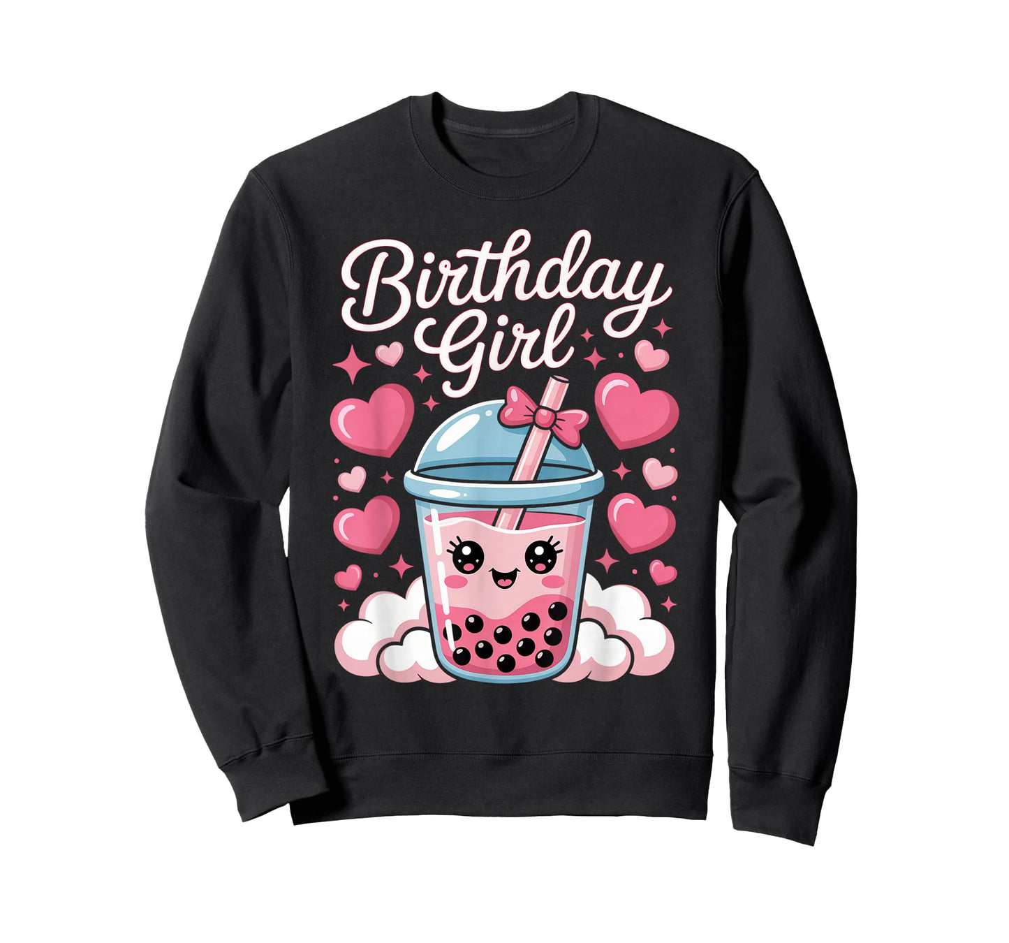 Happy Birthday Girl Cute Pink Bow Bubble Boba Tea Anime T-Shirt