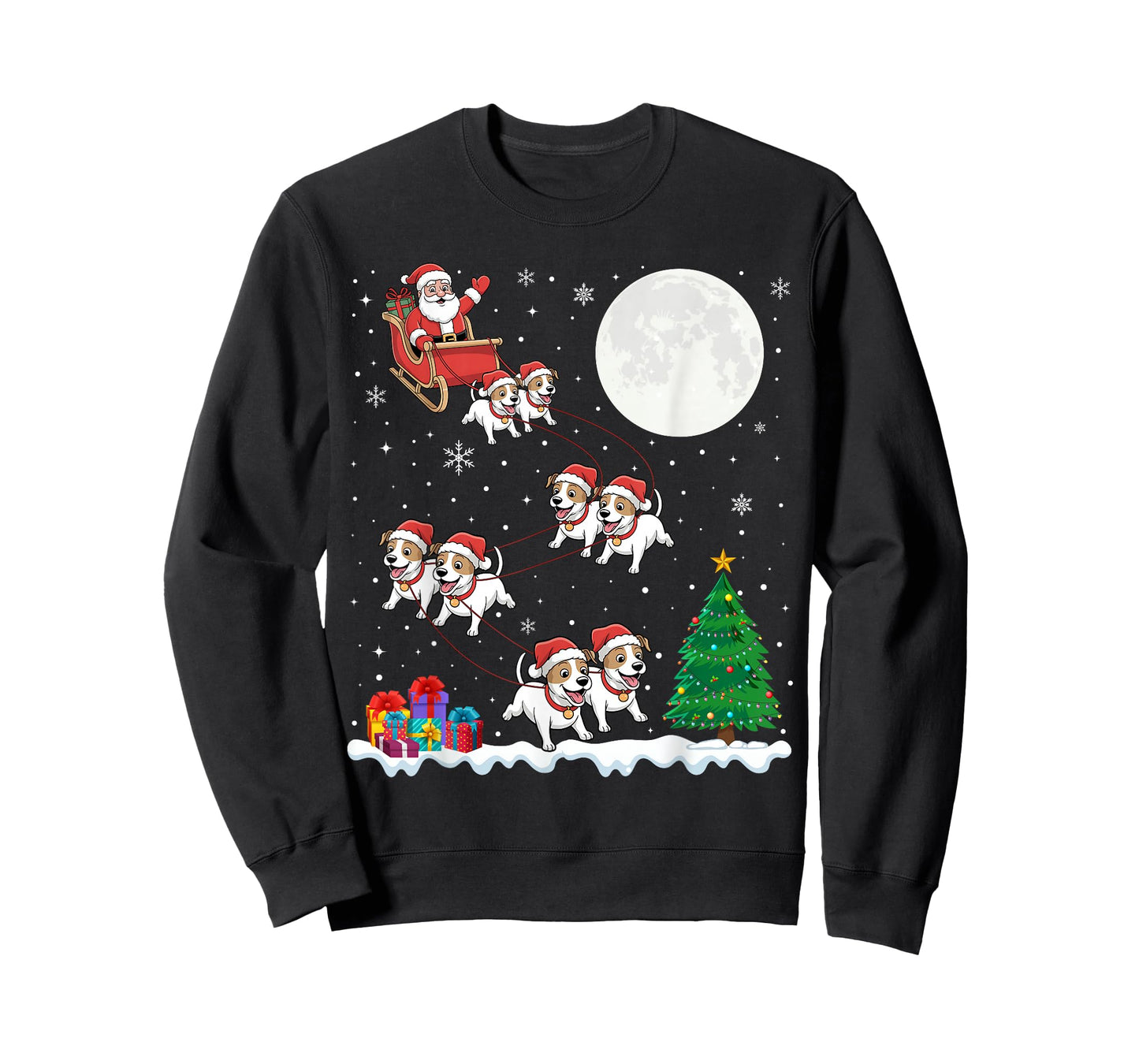 Xmas Tree Lights Santa Riding Sleigh Jack Russell Terrier T-Shirt