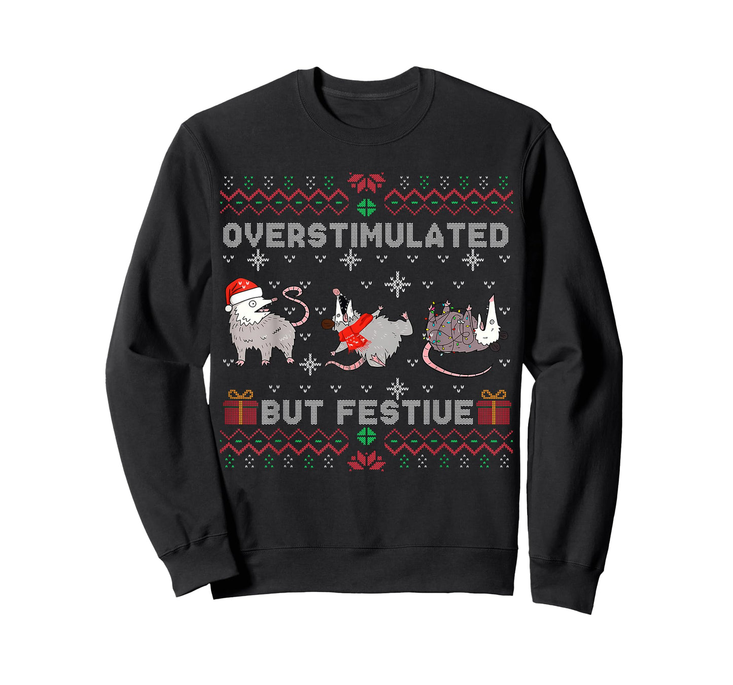 Overstimulated But Festive Opossum Ugly Sweater Christmas T-Shirt